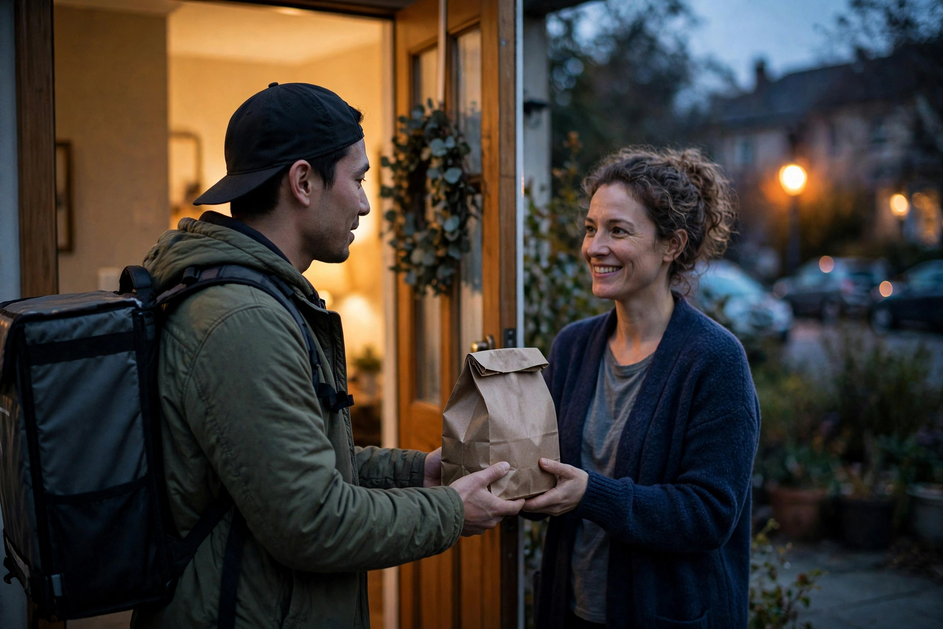 Food delivery driver handing an order to a customer at dusk