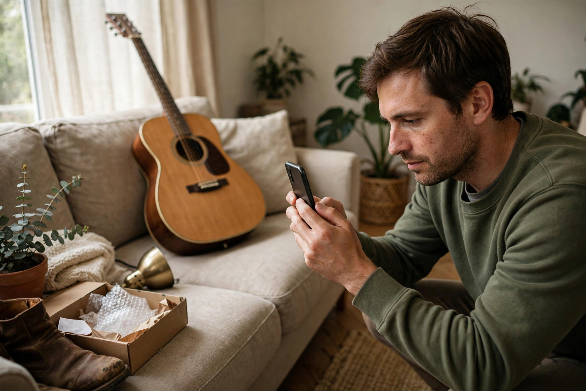 Man photographing a guitar to sell it online