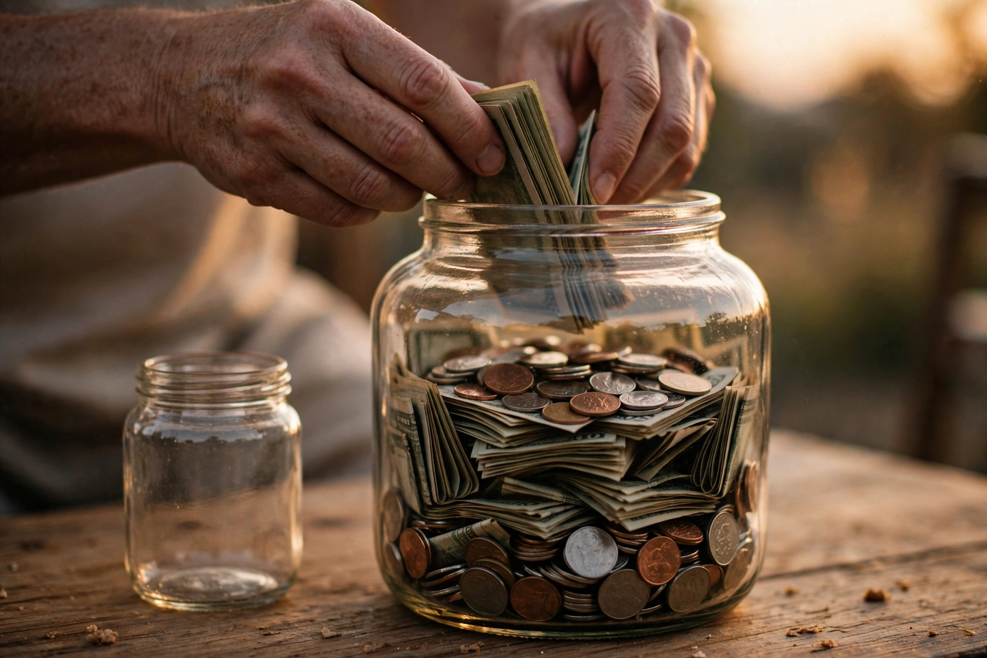 Hands adding cash to a nearly full glass savings jar