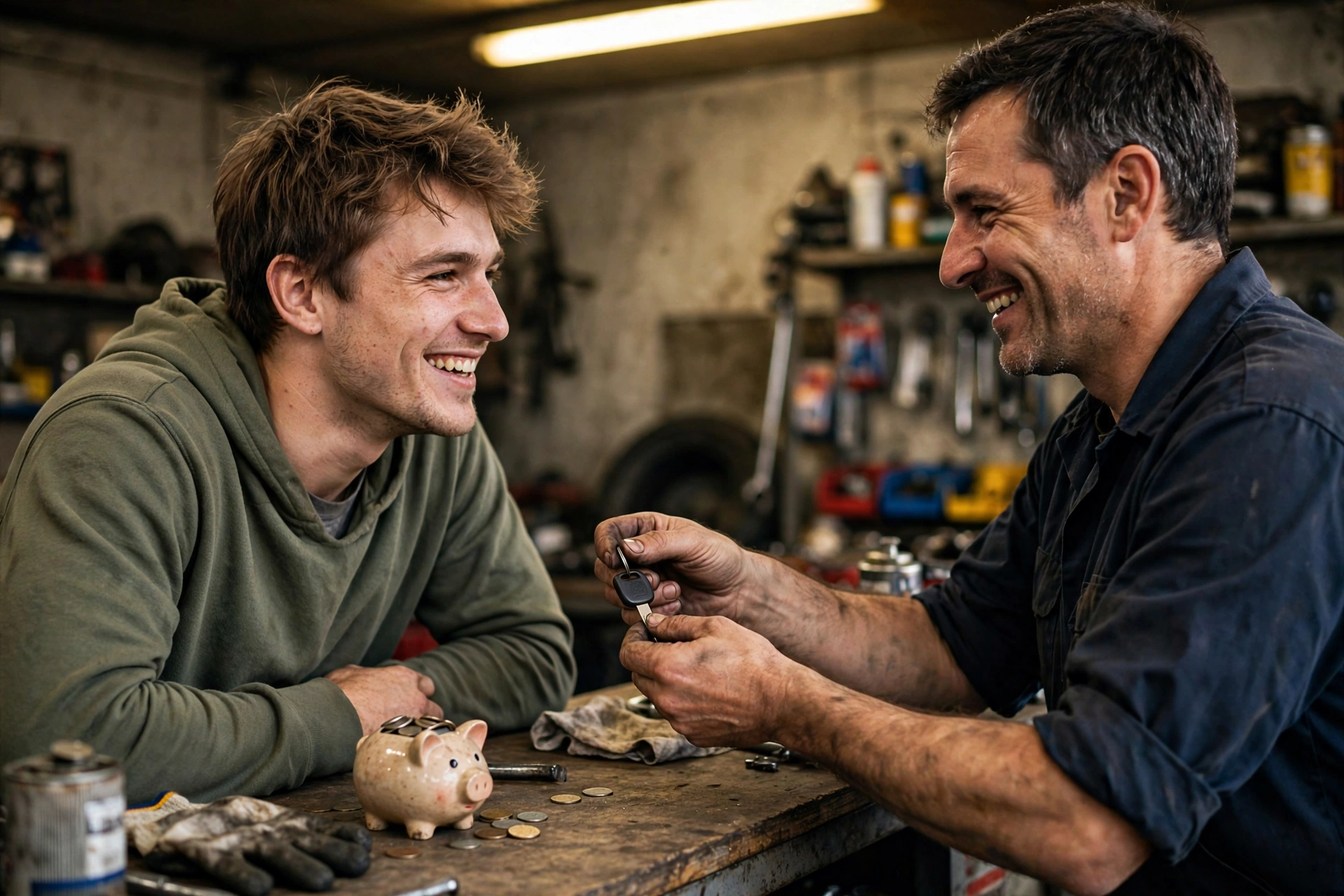 Relieved car owner getting his keys back at the repair shop
