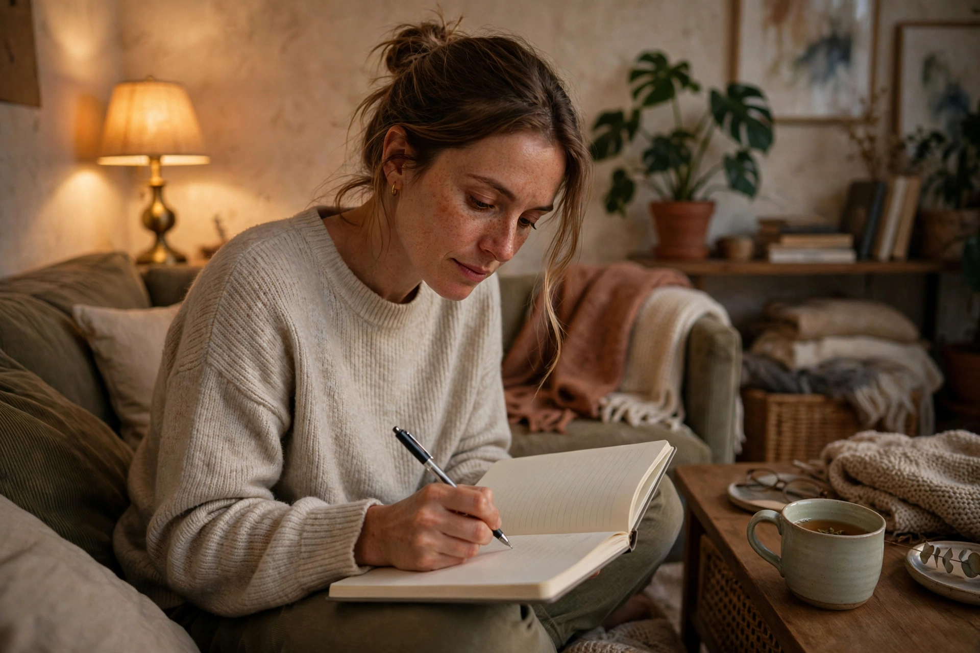 Woman calmly replanning her budget on the couch in evening light