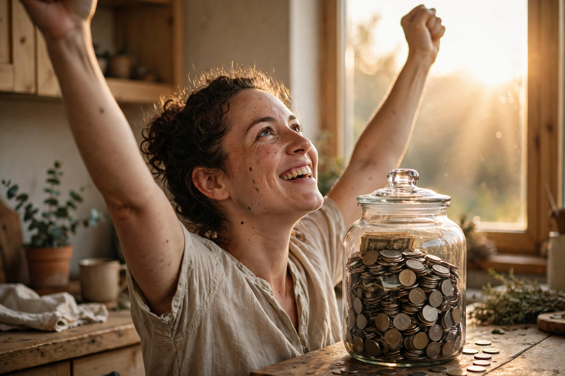 Woman celebrating with arms raised next to a full savings jar at sunrise