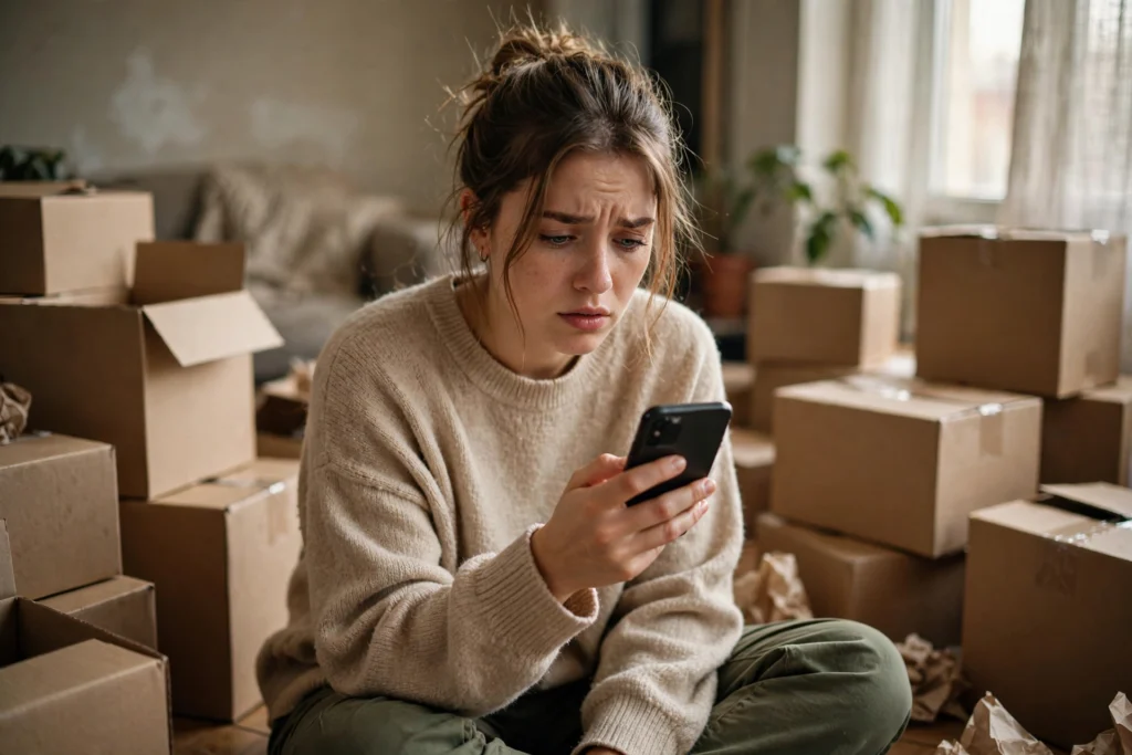 Woman surrounded by delivered shopping boxes looking worried