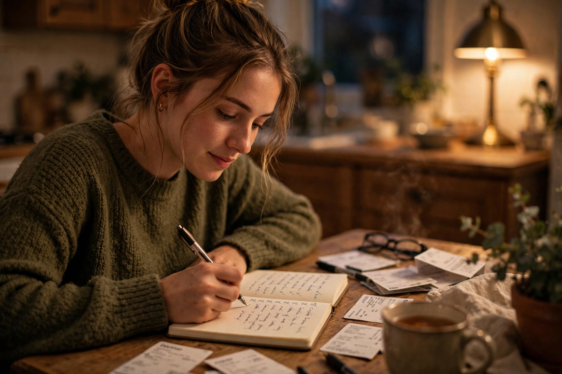 Woman paying off credit card debt with a payoff list