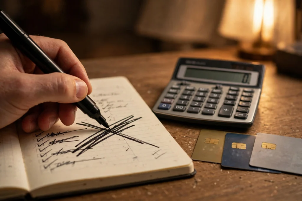 Hand crossing out a paid-off debt in a notebook tracker