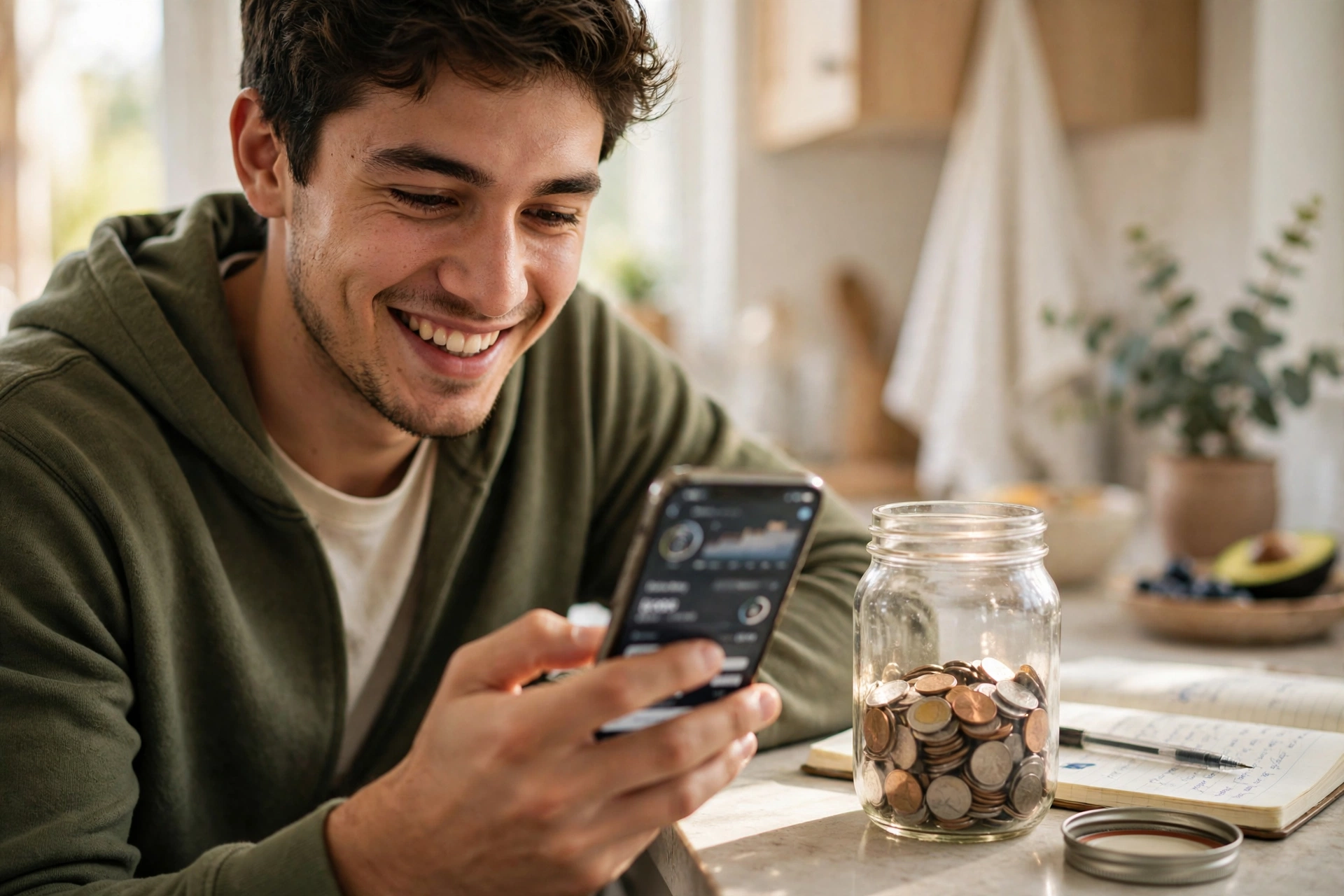Man checking his savings grow on a banking app