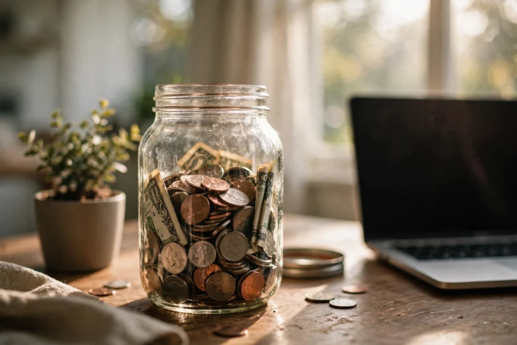 Glass savings jar full of coins on a desk in morning light