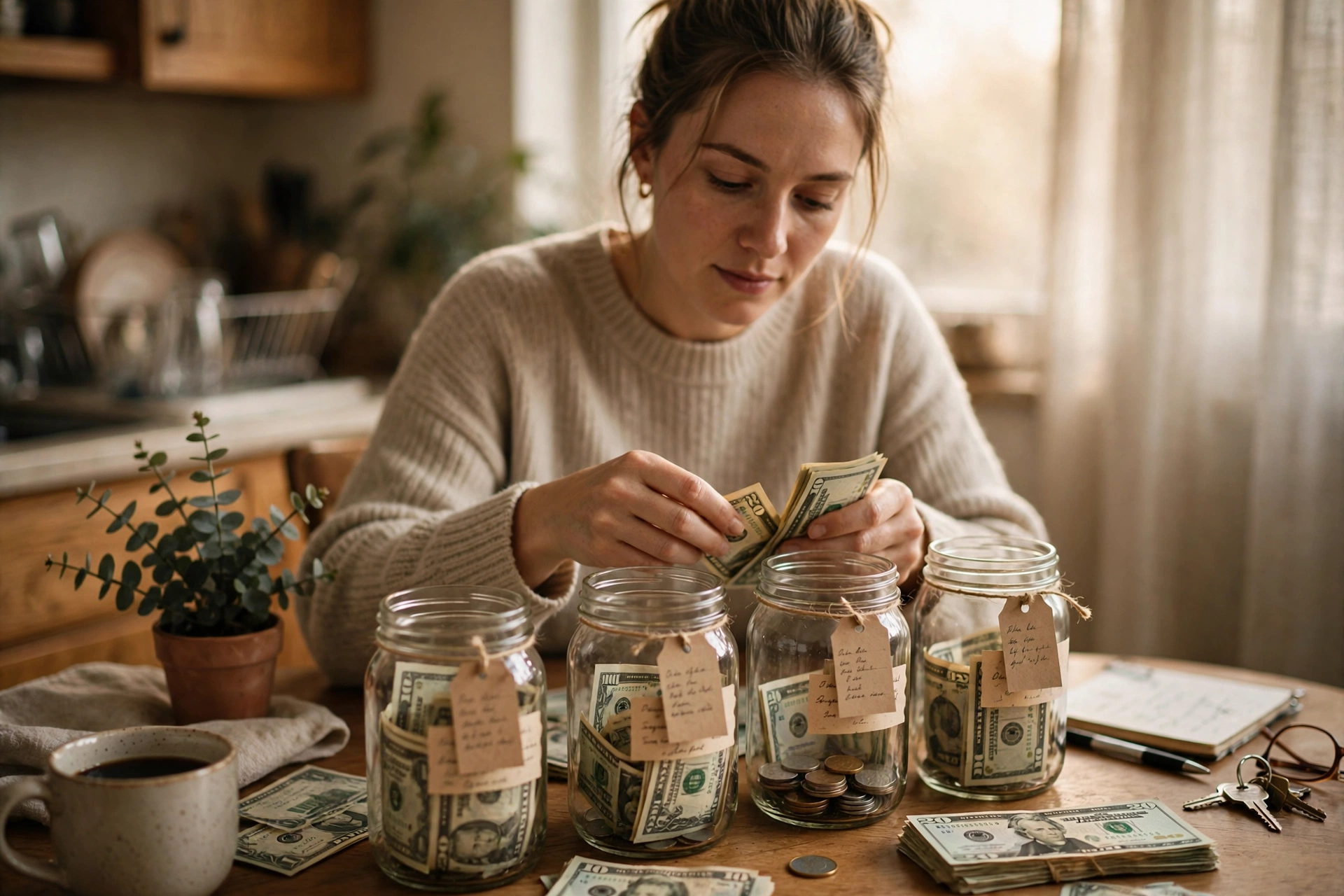 Woman sorting cash into labeled savings jars