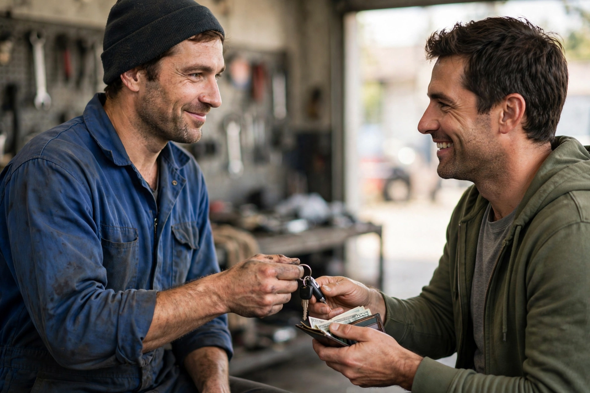 Car owner calmly paying at an auto repair shop
