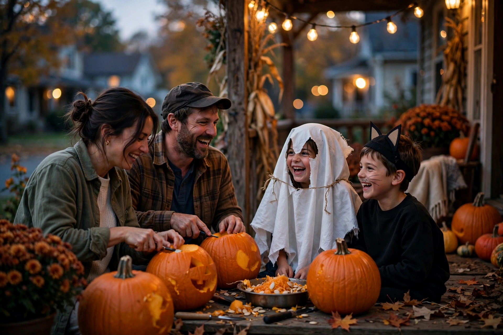 Family carving pumpkins on a porch at dusk