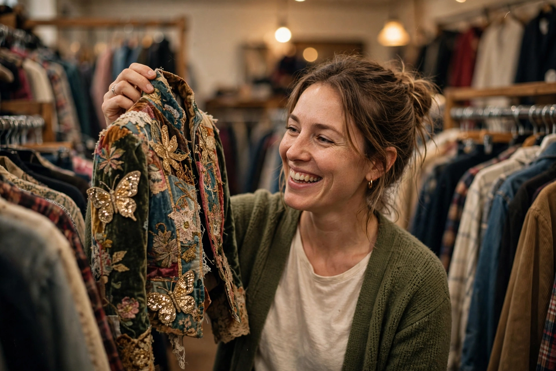 Woman finding a costume piece at a thrift store