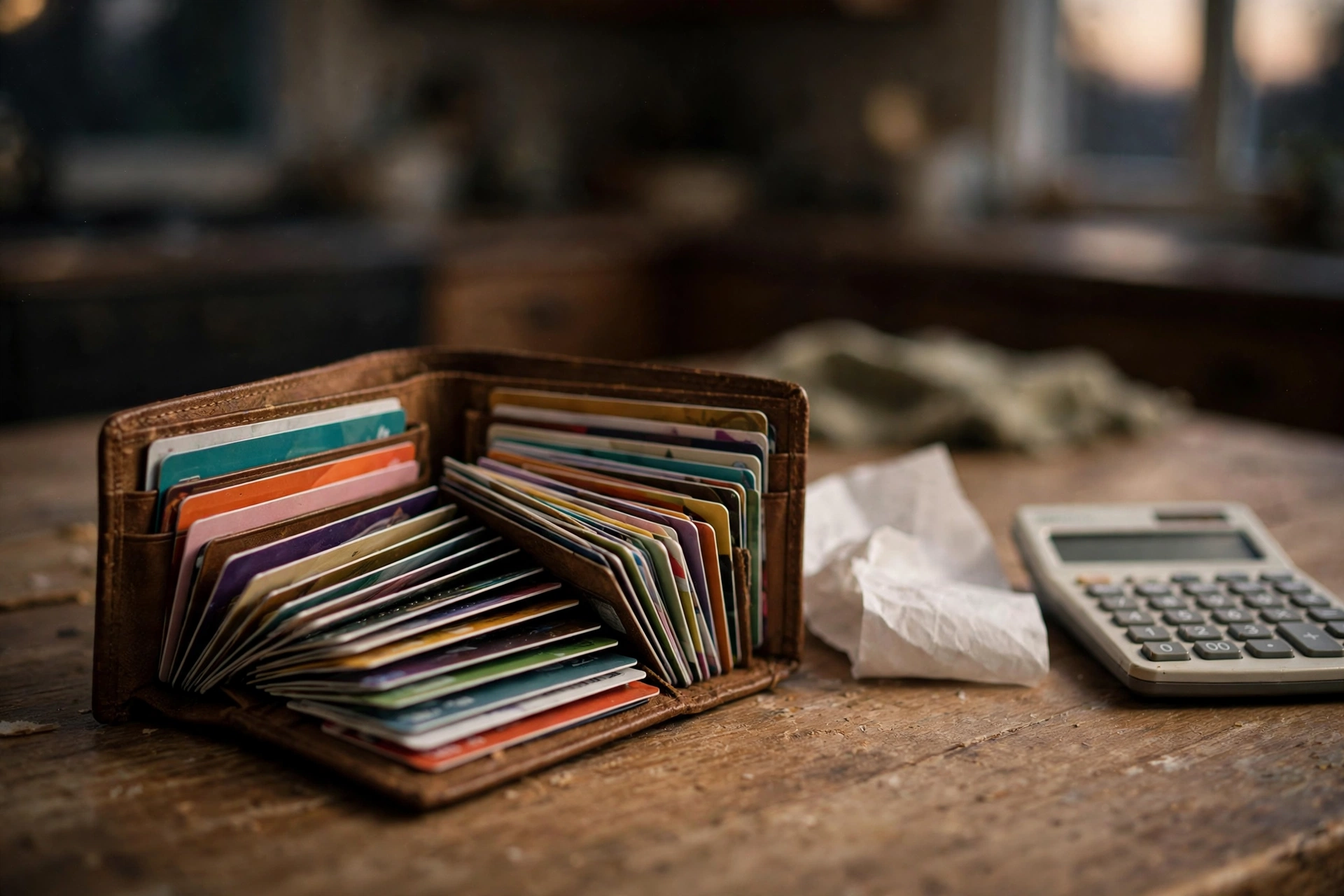 Wallet full of store credit cards next to a receipt and calculator