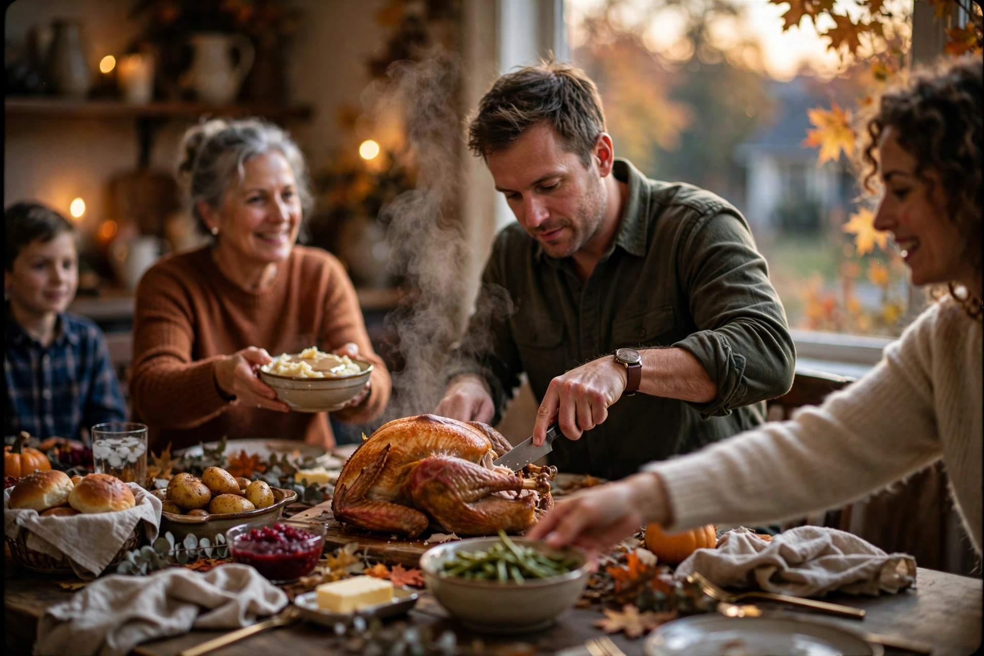 Family Thanksgiving dinner with host carving a turkey