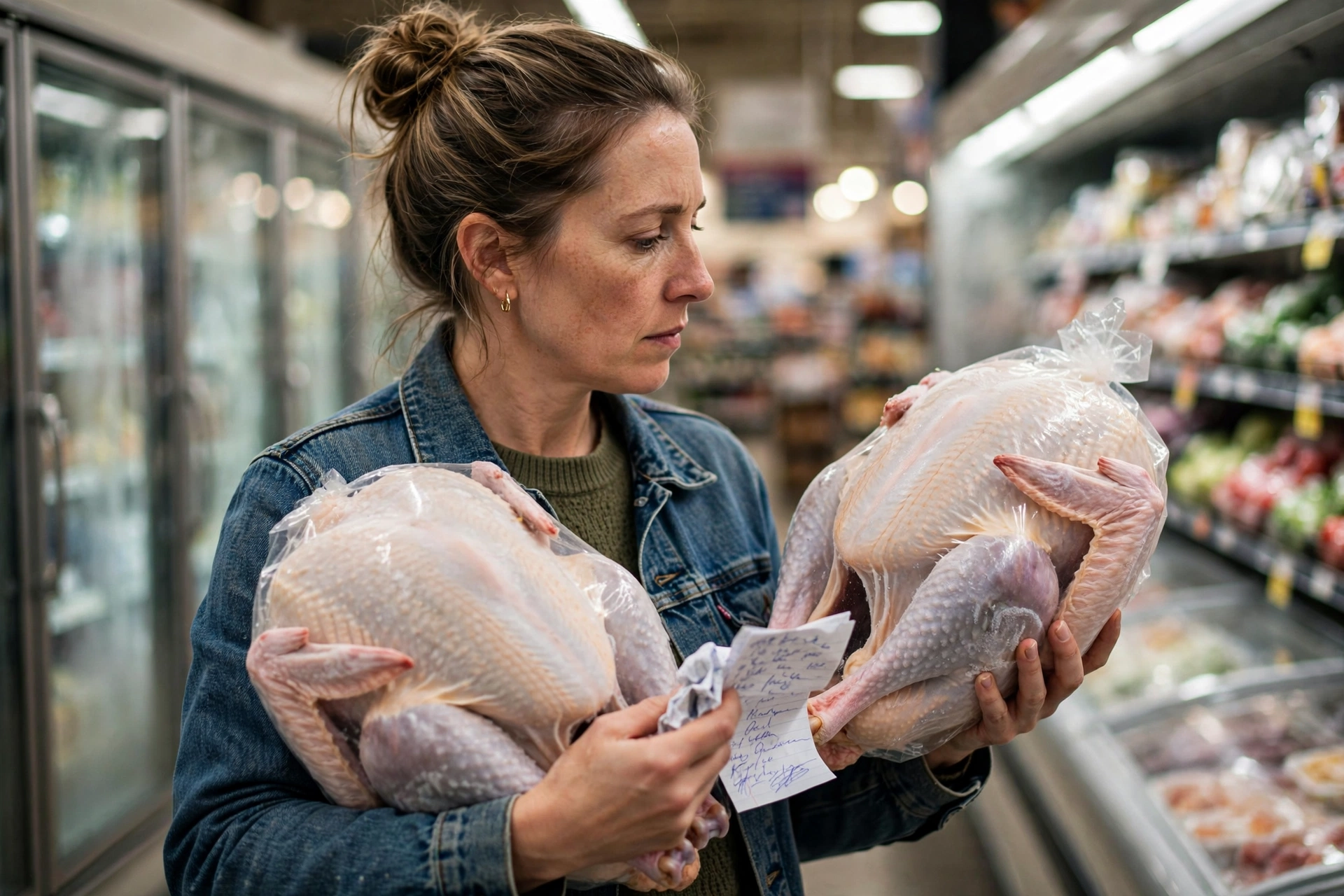 Woman comparing frozen turkeys in a grocery store