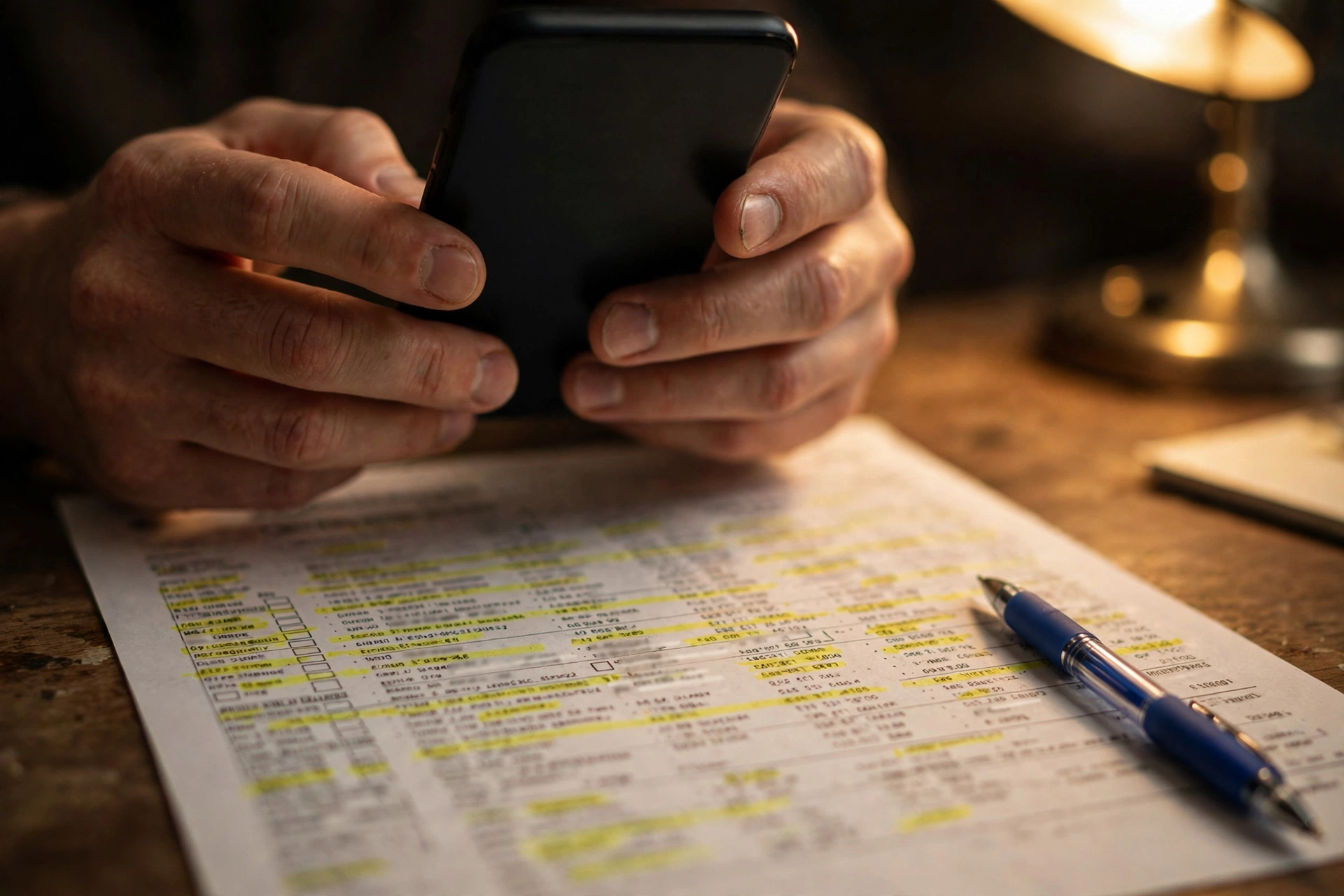 Hands holding a phone over a bank statement with highlighted recurring charges