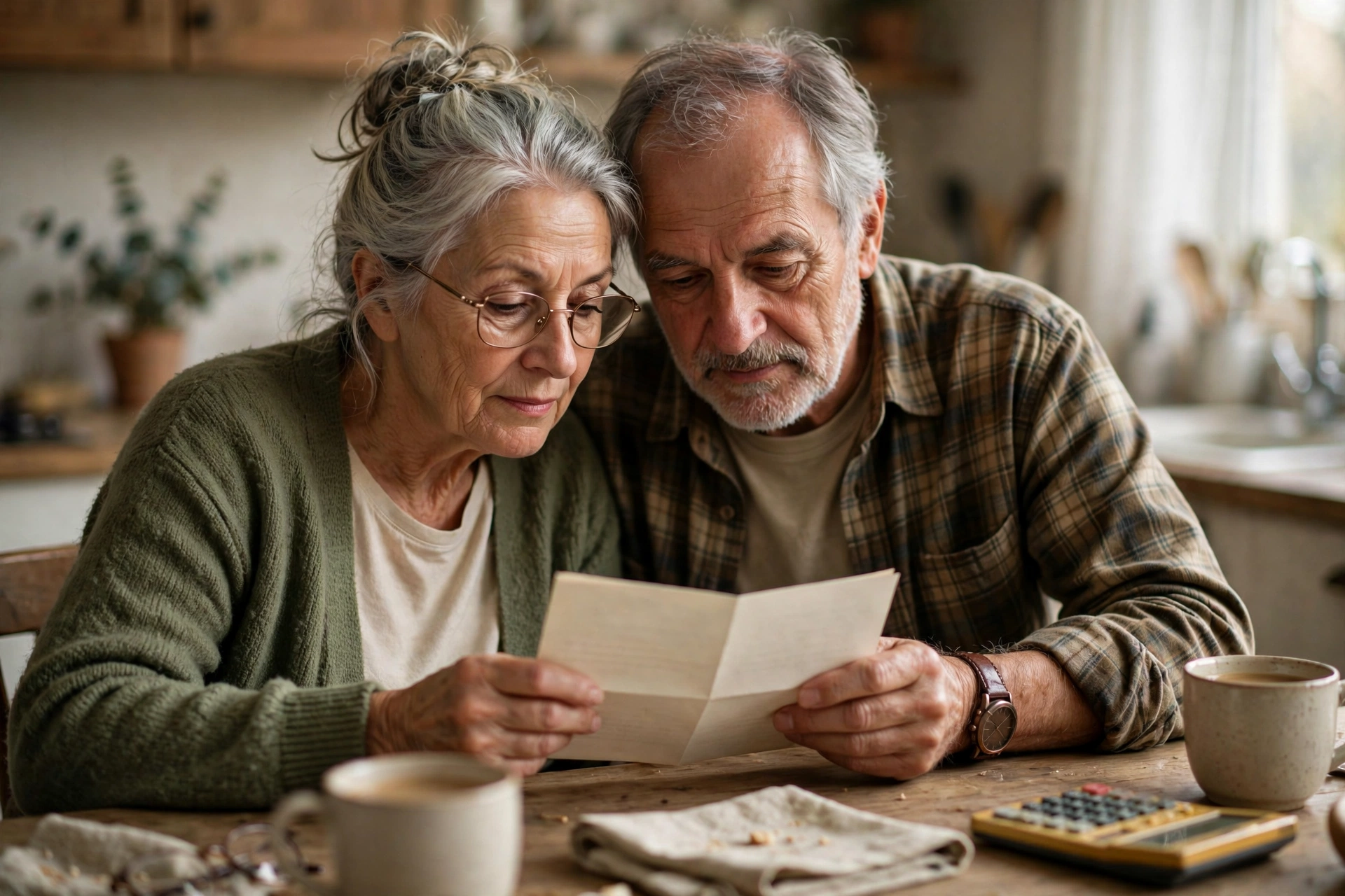Retired couple reading their Social Security COLA notice at the kitchen table