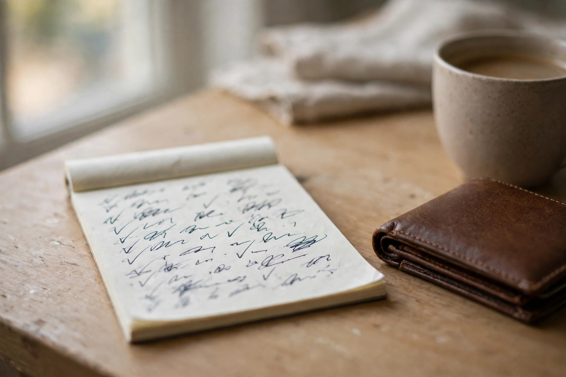 Handwritten no-buy list on a desk