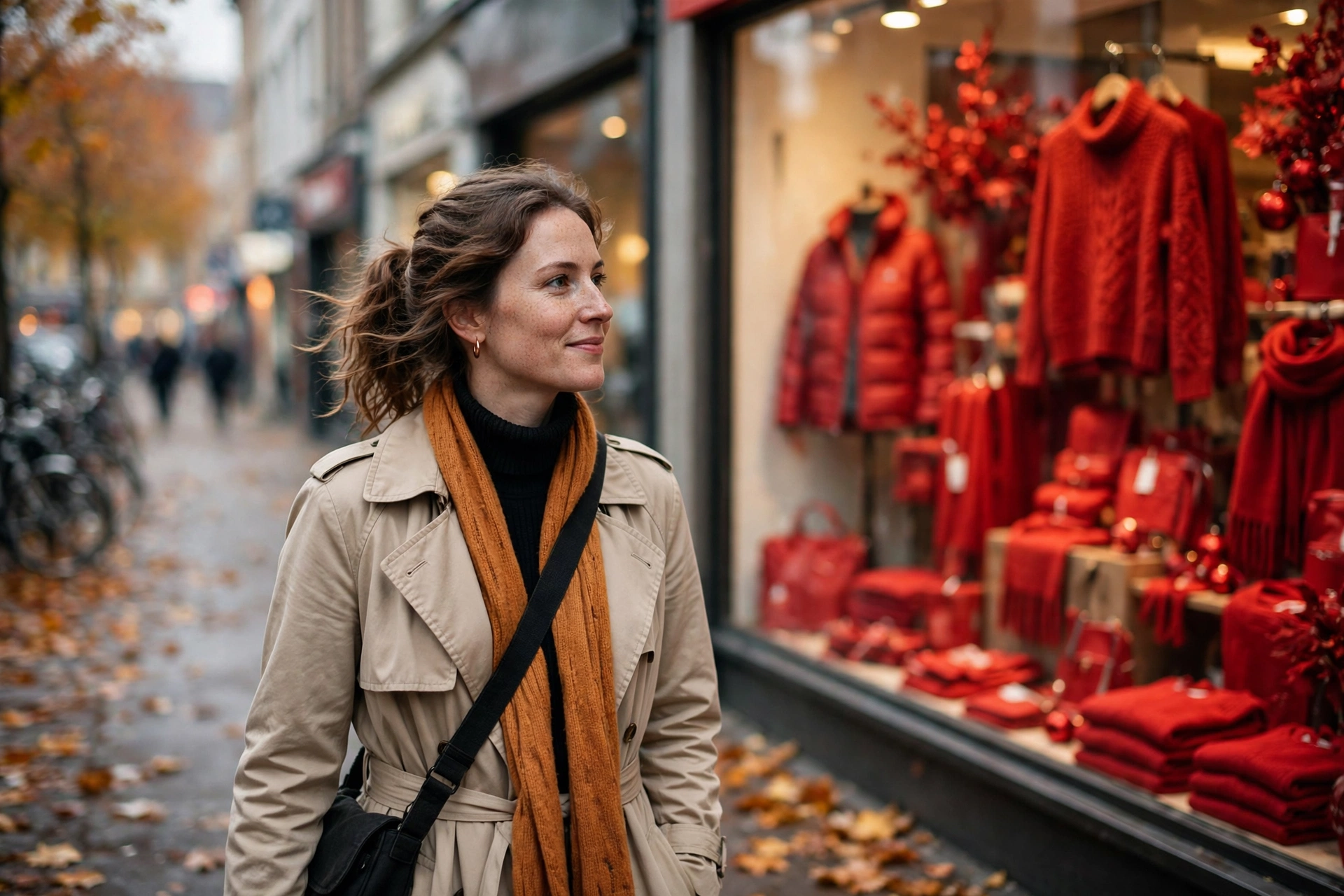Woman walking past a sale window display