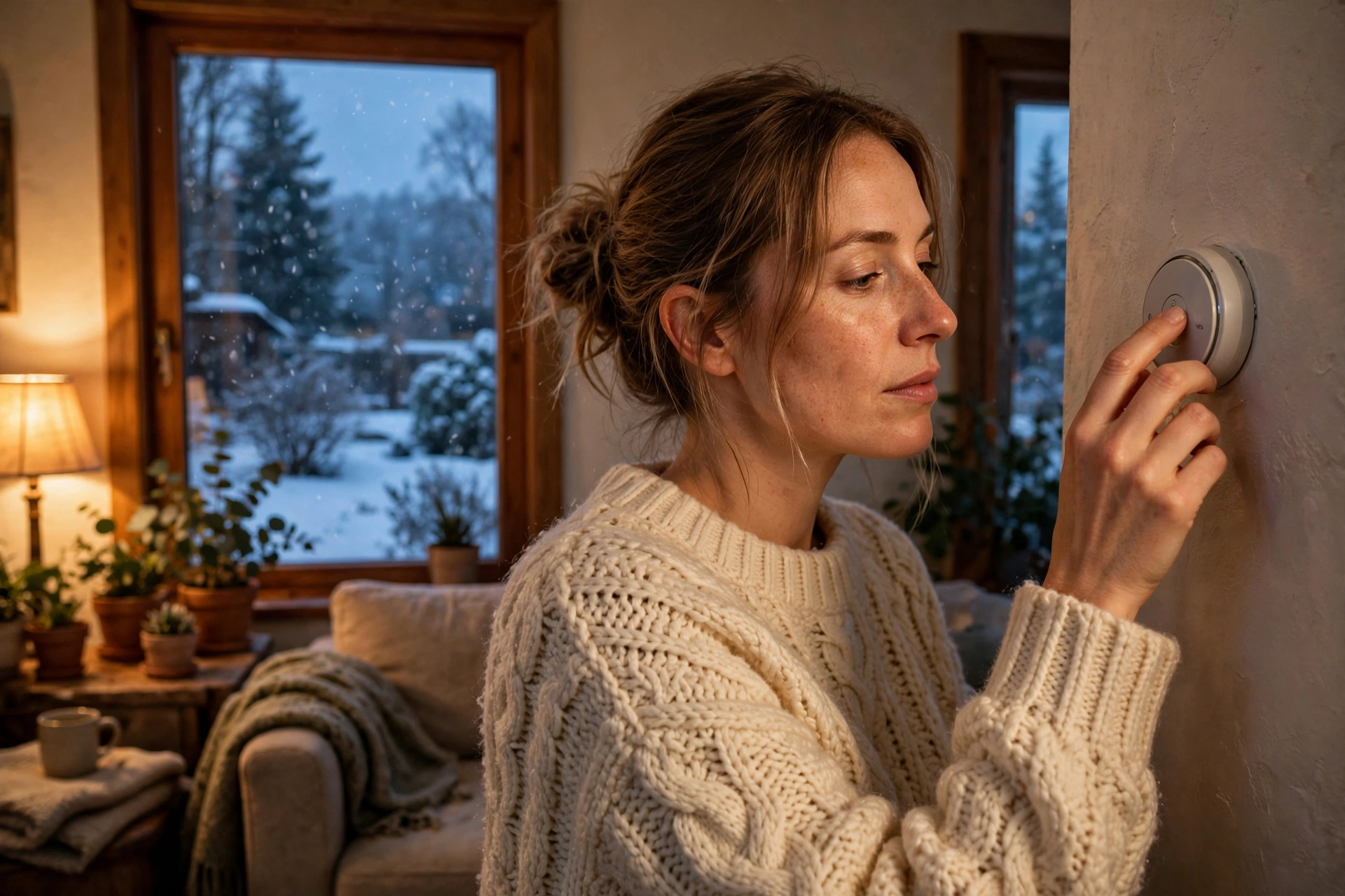 Woman in a sweater adjusting a wall thermostat with snow falling outside the window