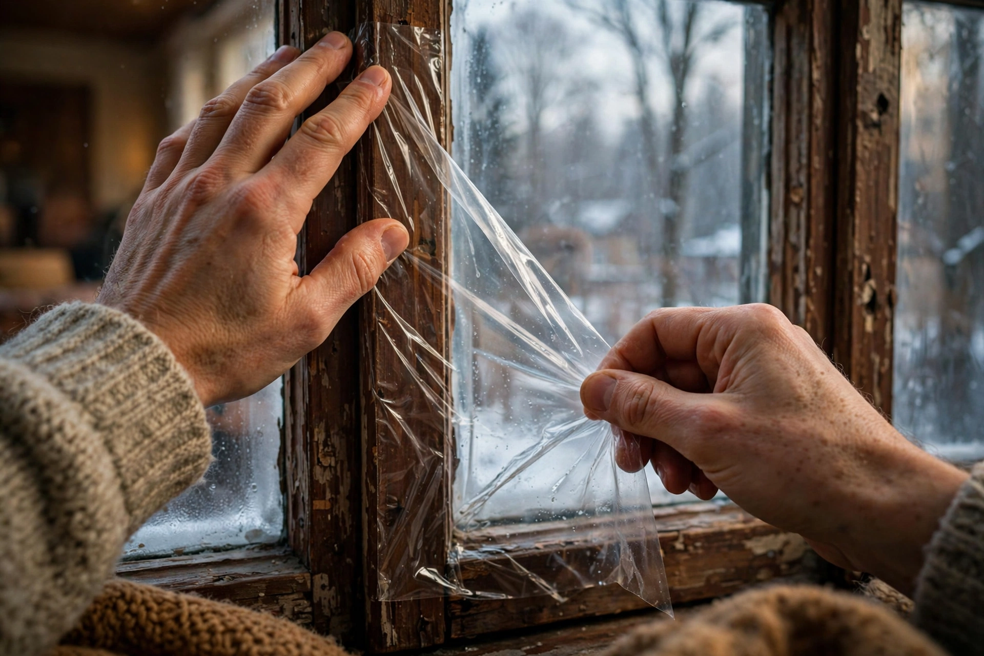 Hands applying clear insulation film to a drafty window