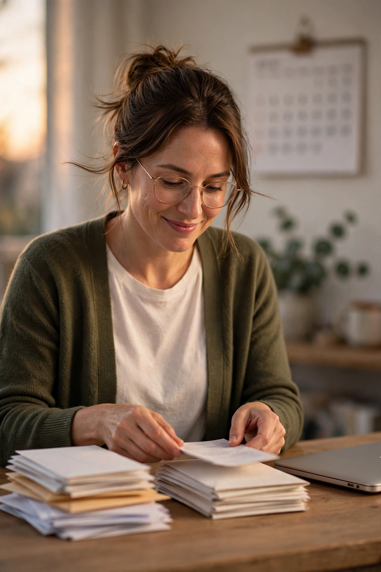 Woman calmly sorting her bills into two piles at a home desk with a calendar on the wall