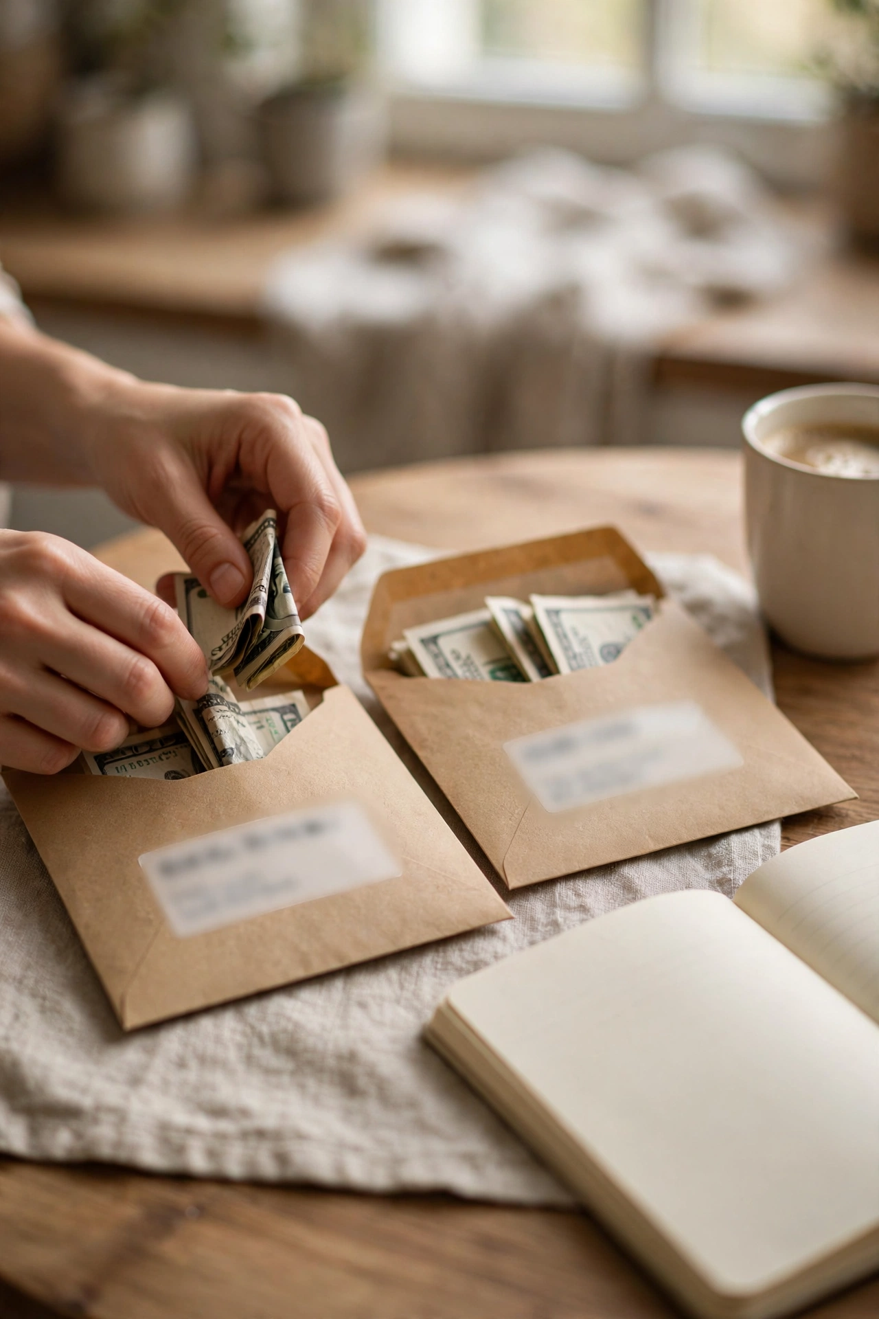Hands putting cash into two budget envelopes on a kitchen table