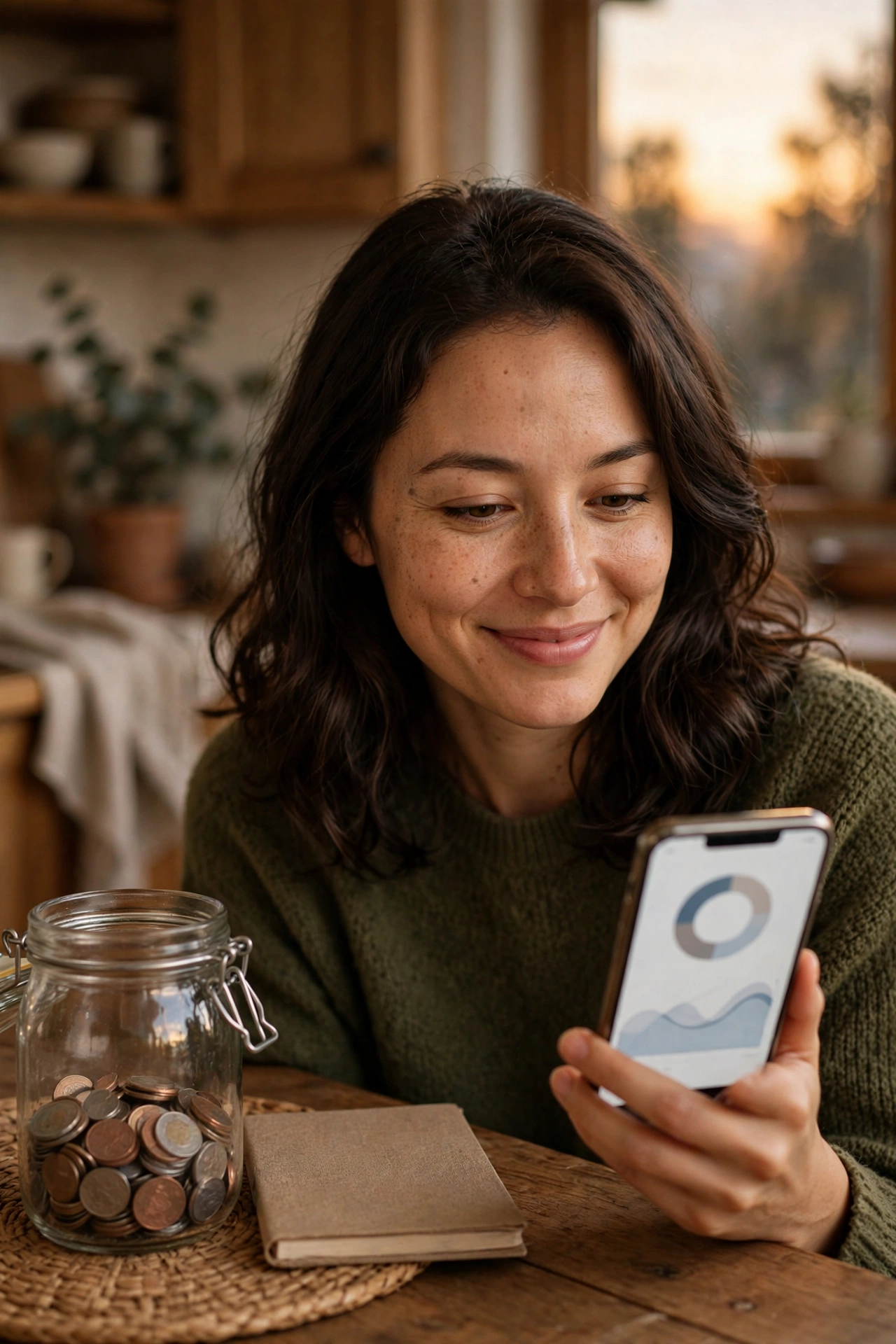 Woman smiling at her phone banking app at a kitchen table with a coin jar and notebook