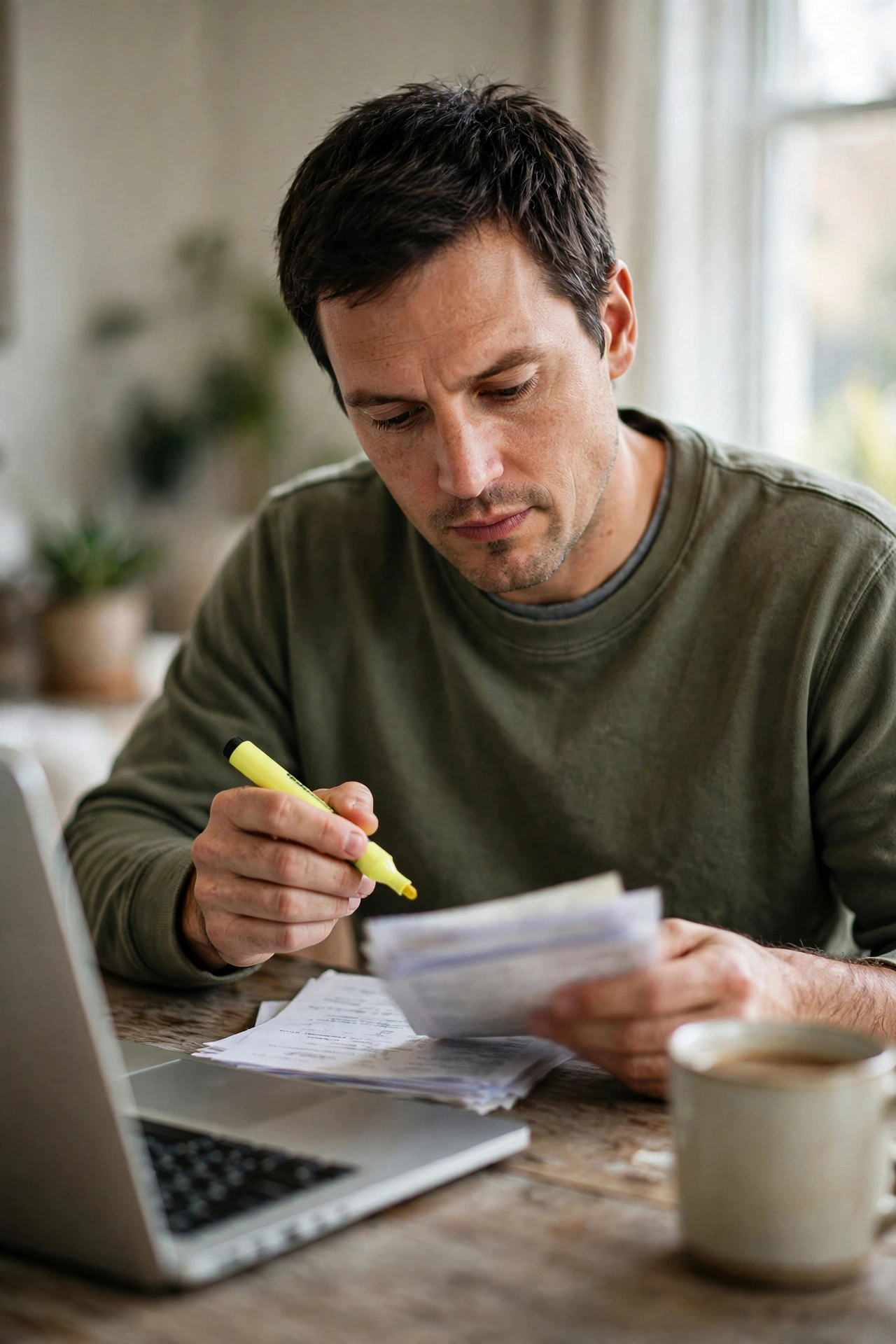 Man reviewing household bills with a highlighter at a home desk