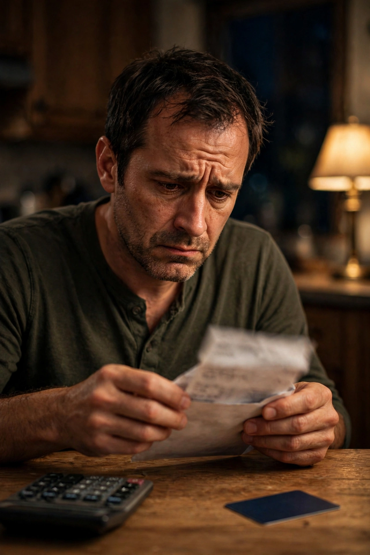 Worried man opening a credit card statement at a kitchen table at night with a calculator