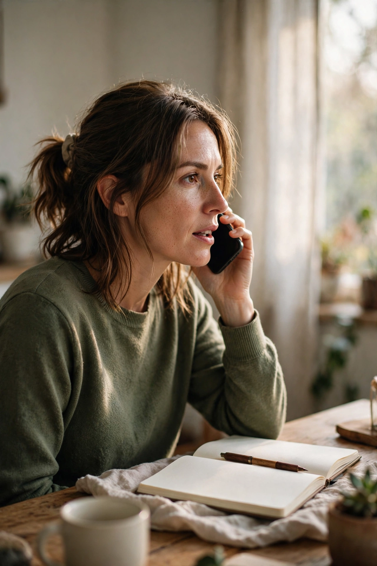 Woman on a phone call at a home desk with a notebook, negotiating a bill