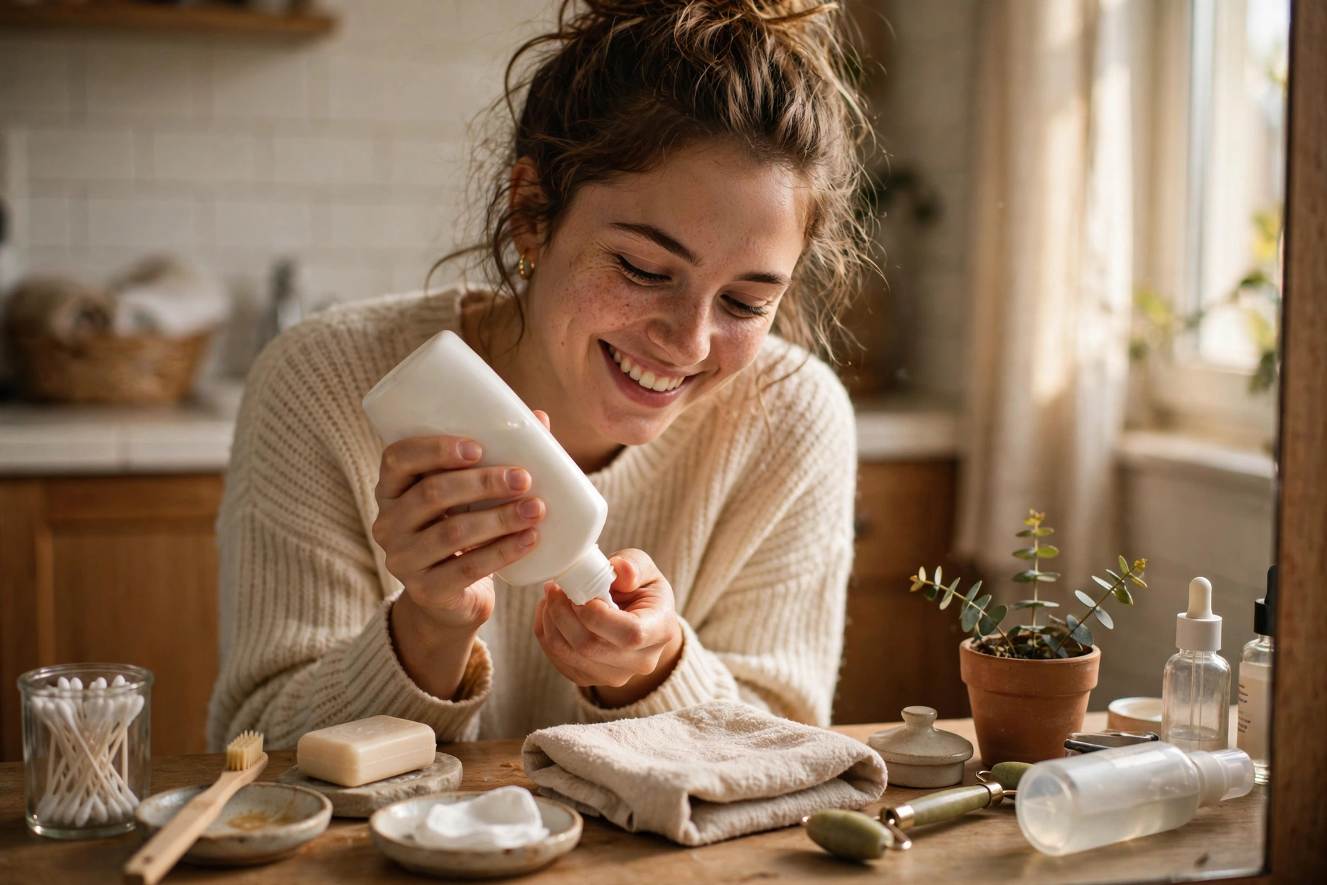 Woman smiling while squeezing the last of a lotion bottle at a vanity with nearly-finished toiletries
