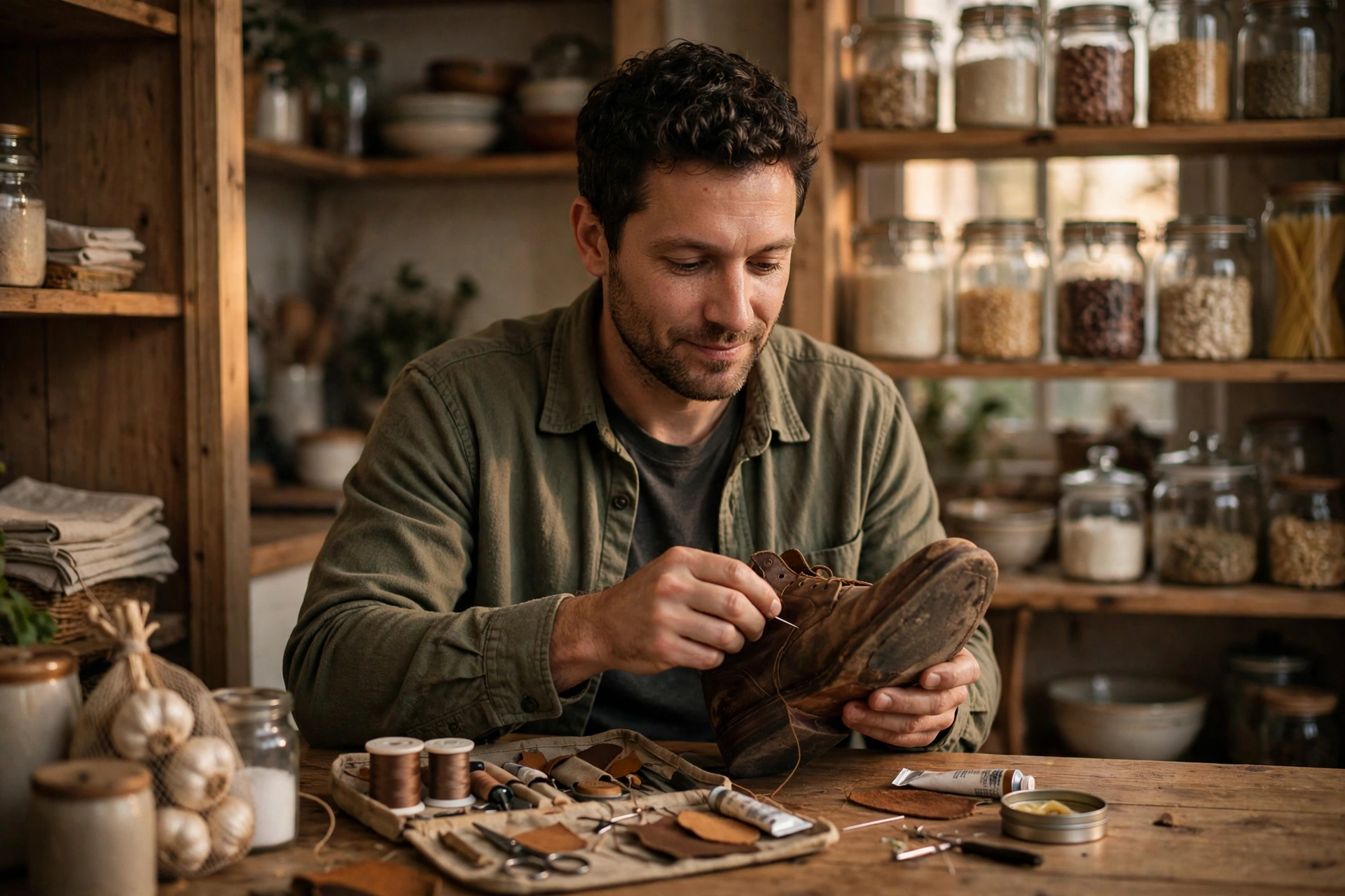 Man repairing a worn leather shoe at a kitchen table with pantry shelves behind him