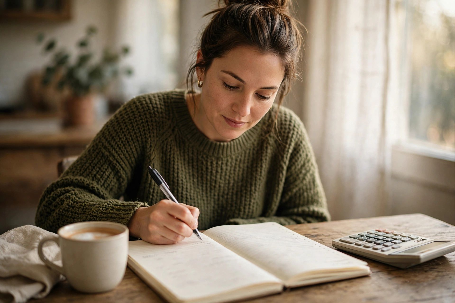 Woman writing her monthly budget in a notebook at a table with a calculator and coffee