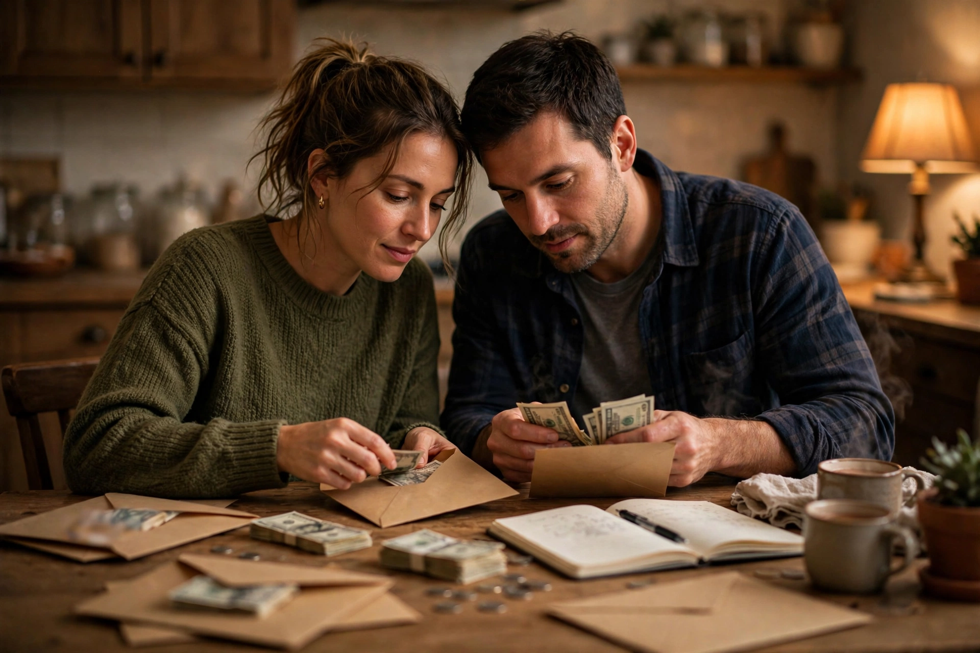 Couple sorting cash into budget envelopes at a kitchen table in warm evening light