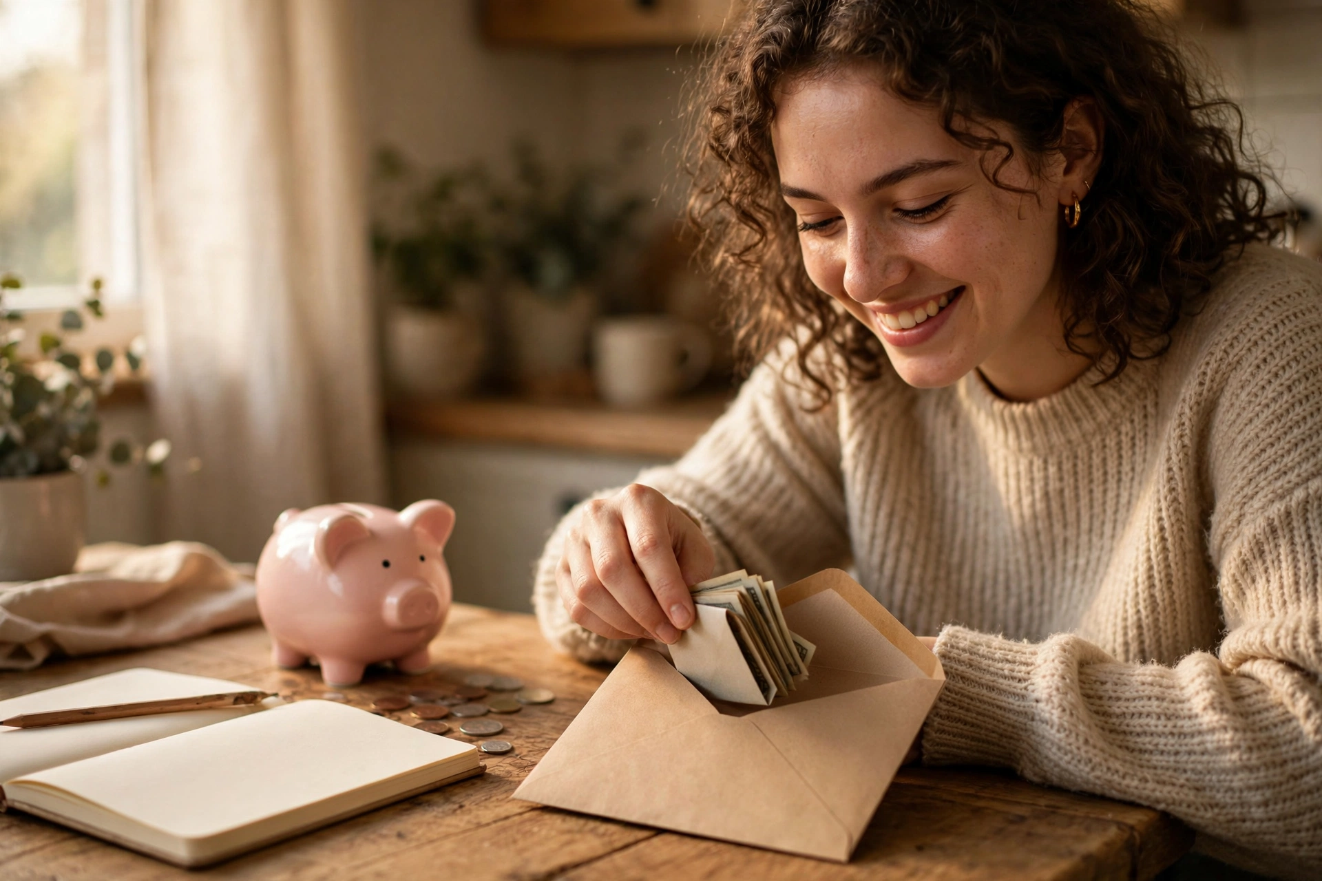 Woman smiling while putting cash into a savings envelope at a kitchen table with a piggy bank and notebook