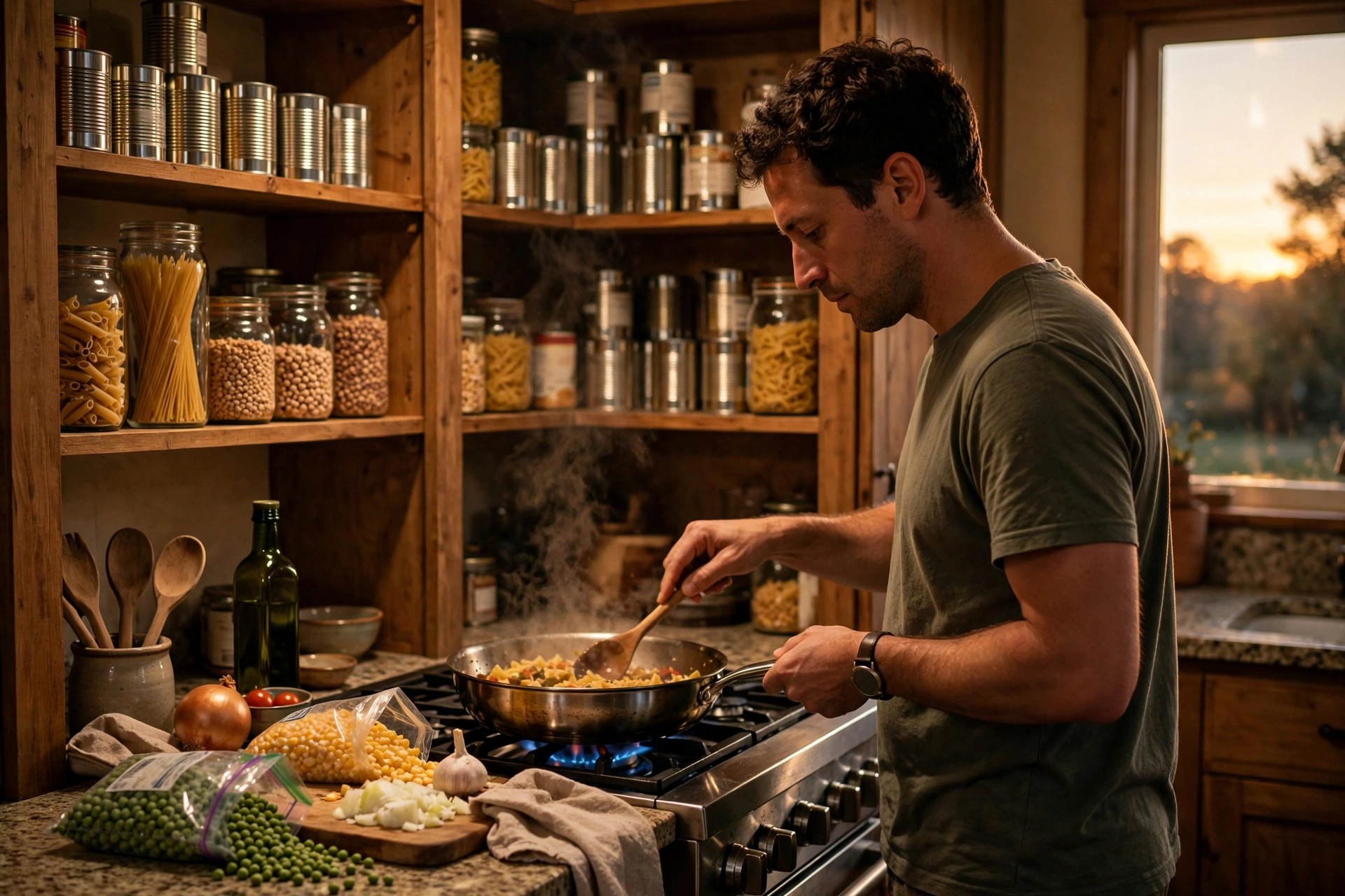 Man cooking a pantry meal at a stove with shelves of canned food and pasta behind him