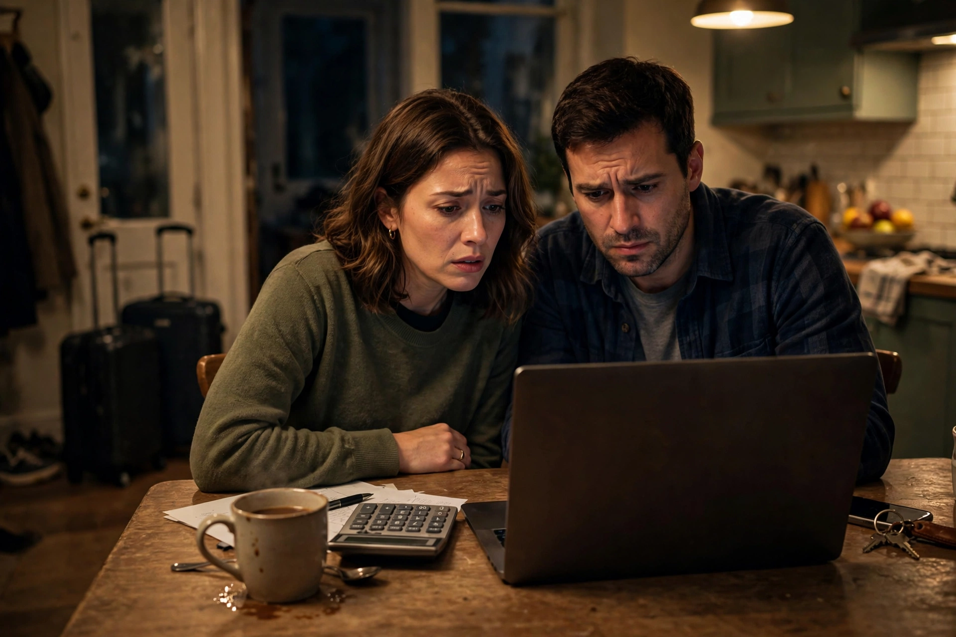 Worried couple looking at a laptop with flight prices at a kitchen table with suitcases by the door