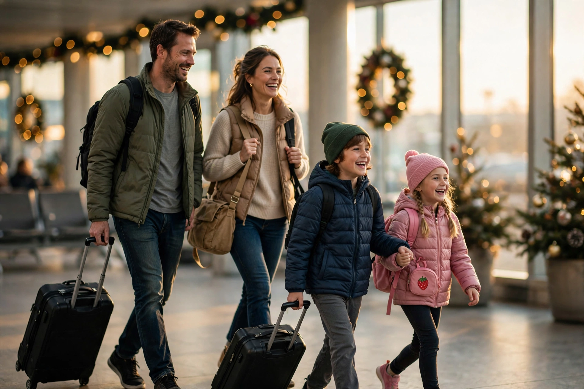 Happy family walking through an airport with carry-on bags and holiday decorations