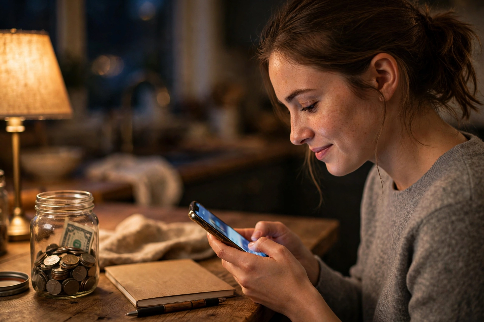 Woman transferring money on her phone at a kitchen table with a savings jar and notebook in the evening