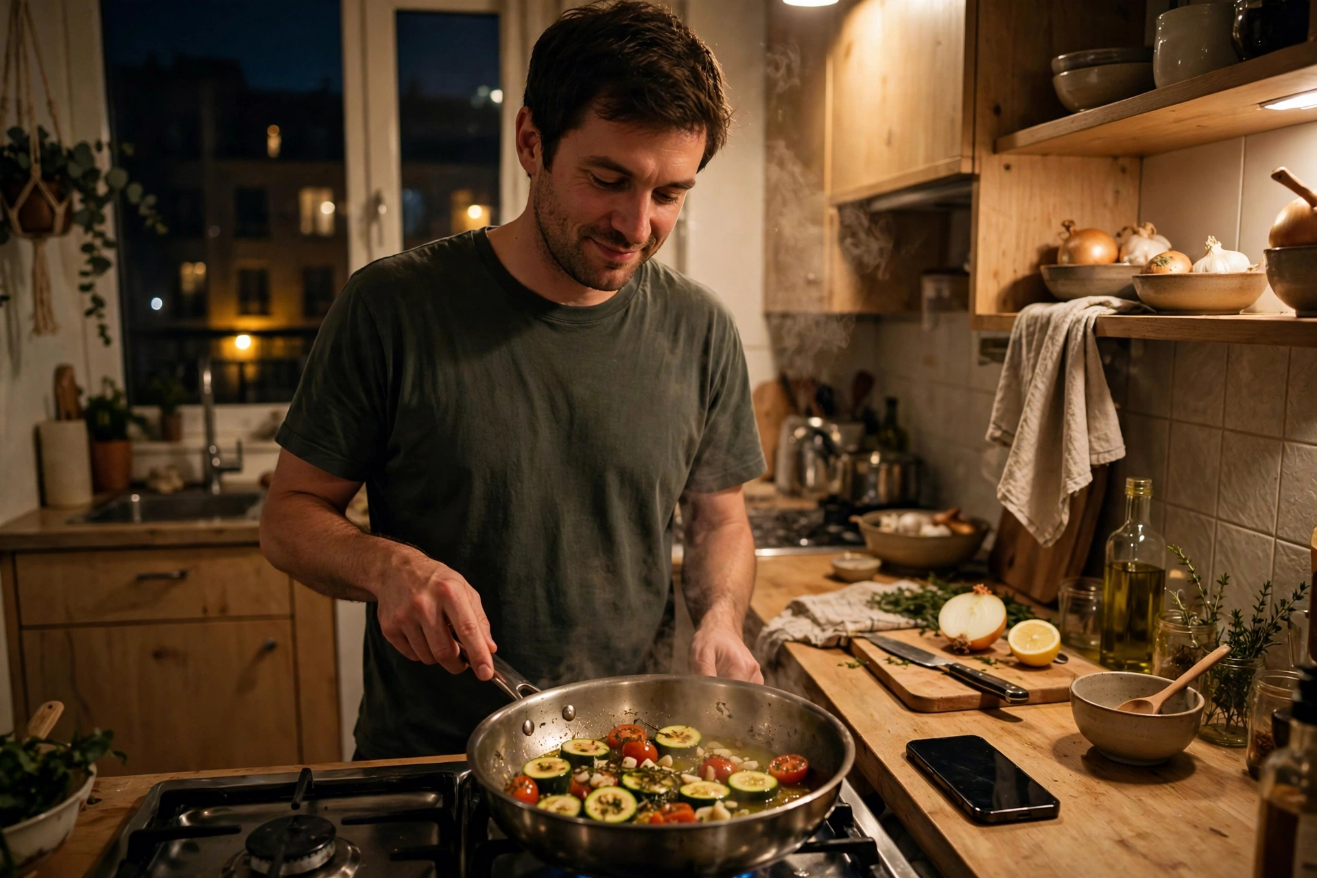 Man cooking a simple meal at home in a cozy kitchen at night with his phone face-down on the counter