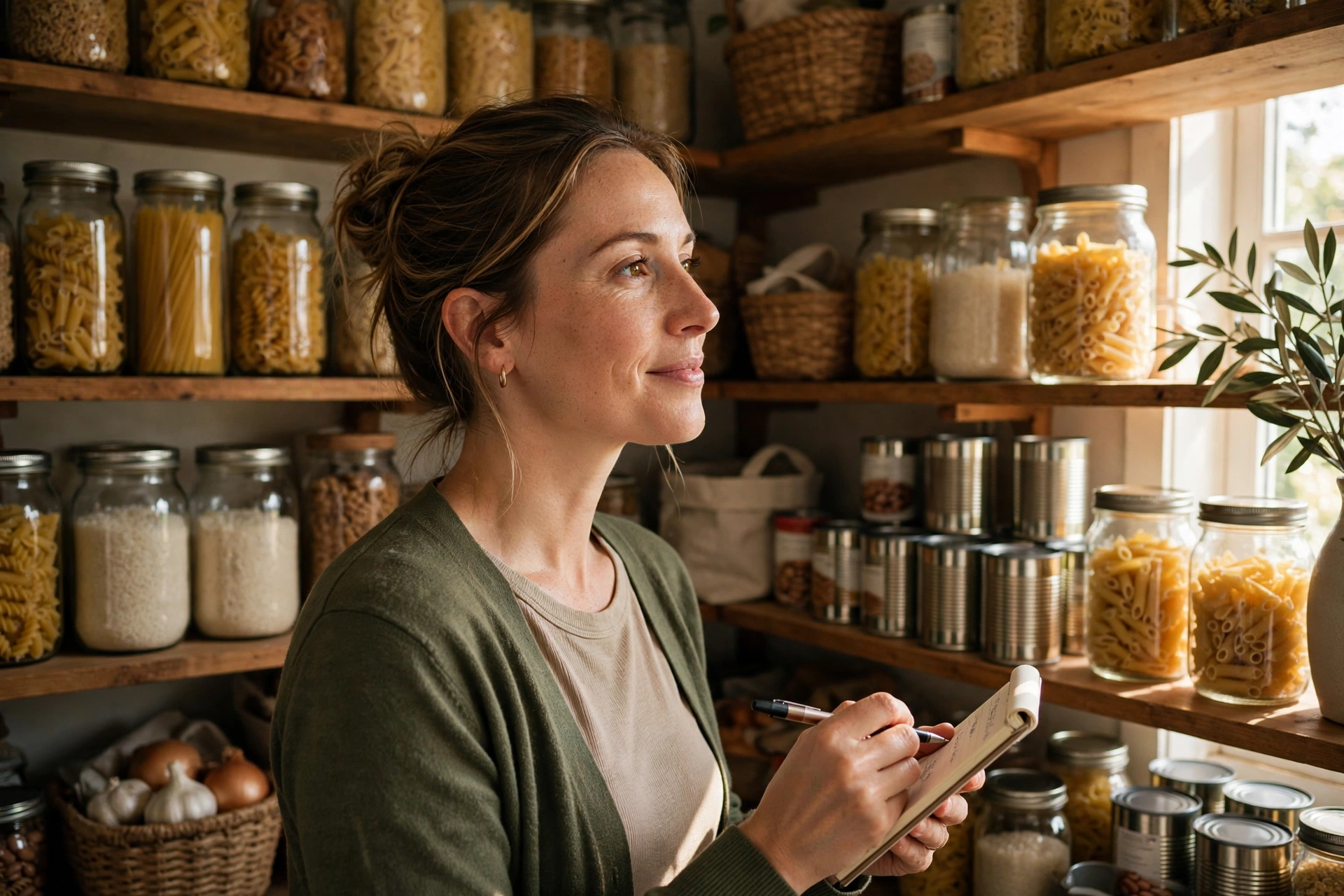 Woman taking inventory of a stocked pantry with jars of pasta, rice and canned beans, holding a notepad