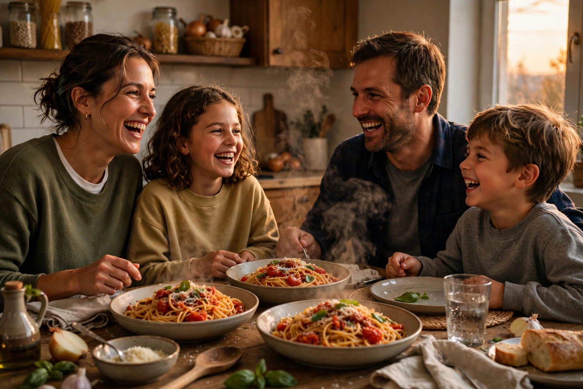 Happy family eating a home-cooked pasta dinner made from pantry ingredients at a kitchen table