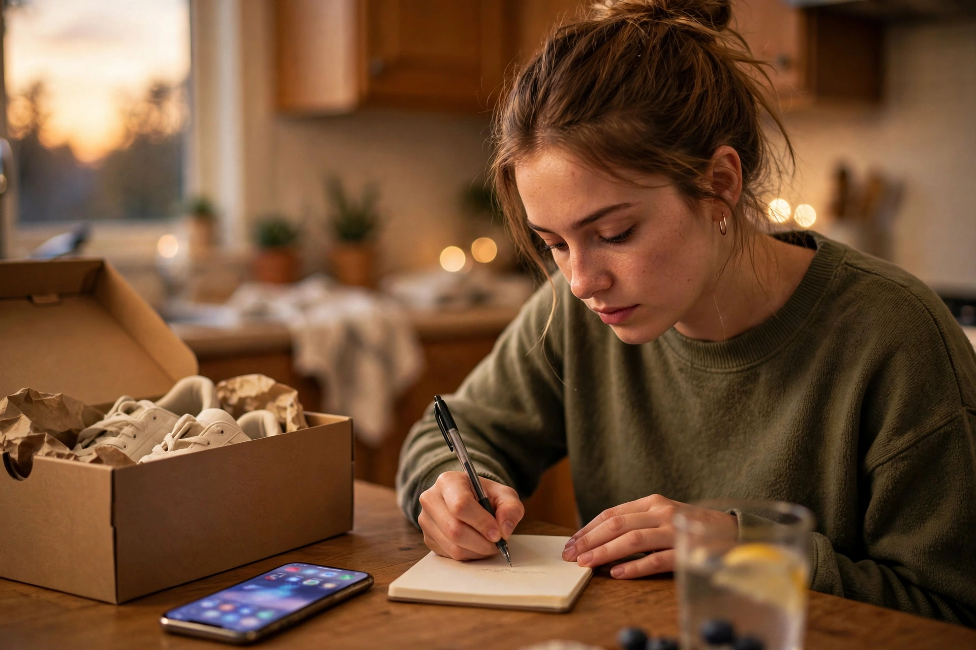 Young woman writing in a notebook at a kitchen table with a shoe box and her phone beside her, resisting an impulse buy