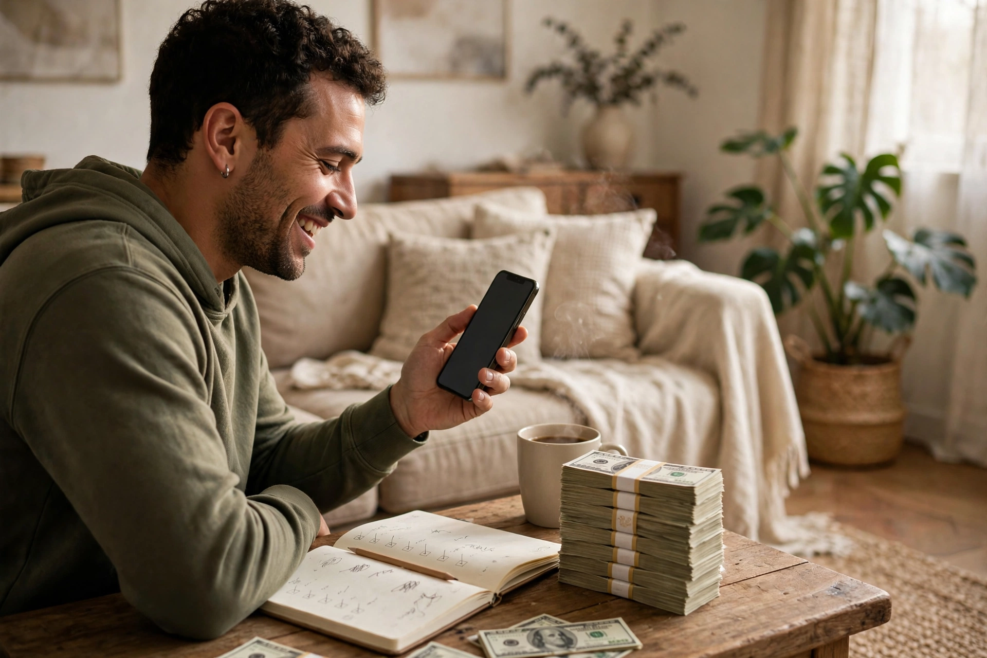 Smiling man checking his savings on his phone in a cozy living room with a notebook list and saved cash on the coffee table