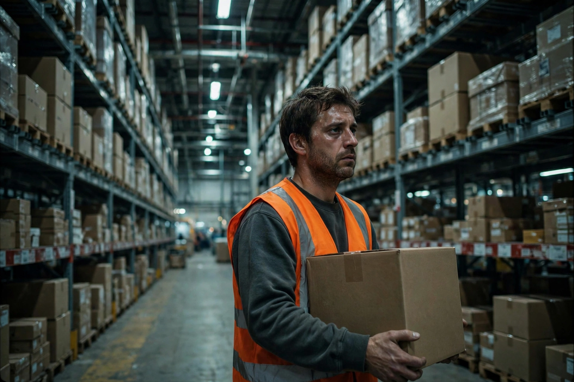 Warehouse worker in an orange vest carrying a cardboard box down a long aisle of packages during the holiday rush