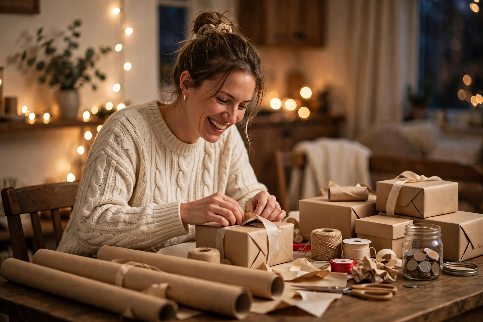 Woman happily wrapping Christmas gifts at a table with wrapping paper, ribbon and a jar of coins, fairy lights behind her