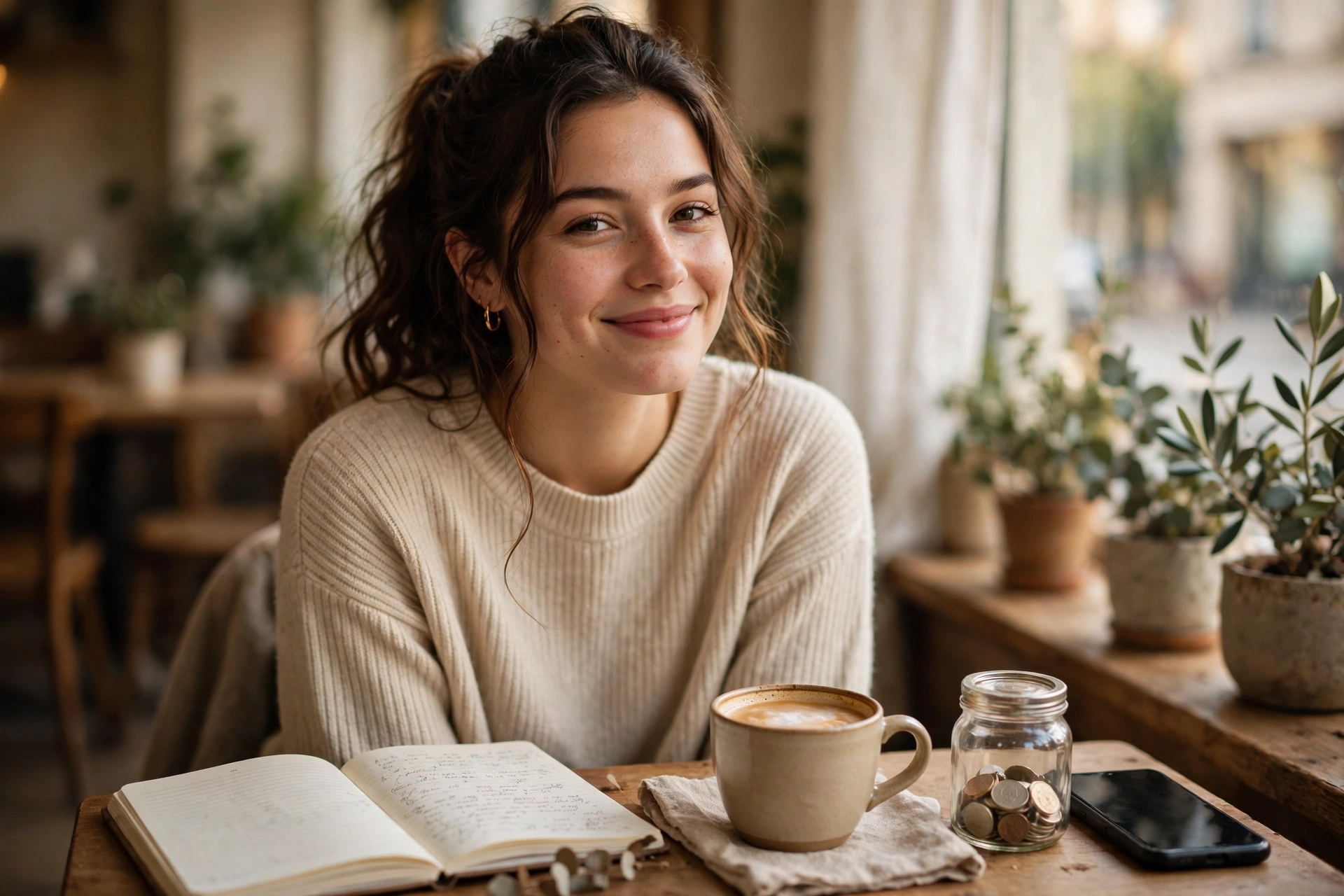 Young woman smiling at a cafe table with a coffee, an open notebook and a small jar of coins beside her phone