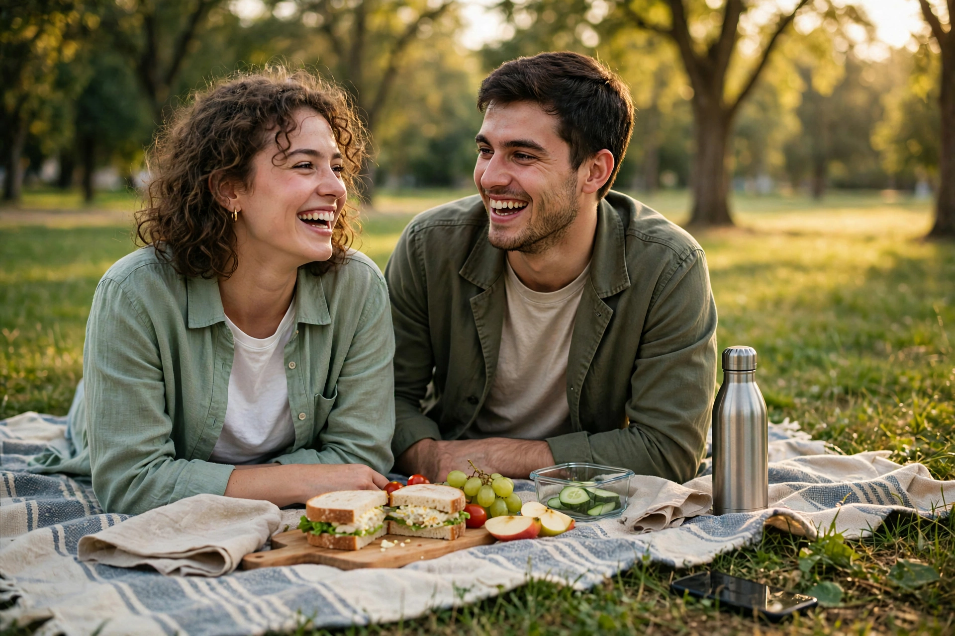 Young couple laughing on a picnic blanket in a park with homemade sandwiches and fruit, golden afternoon light