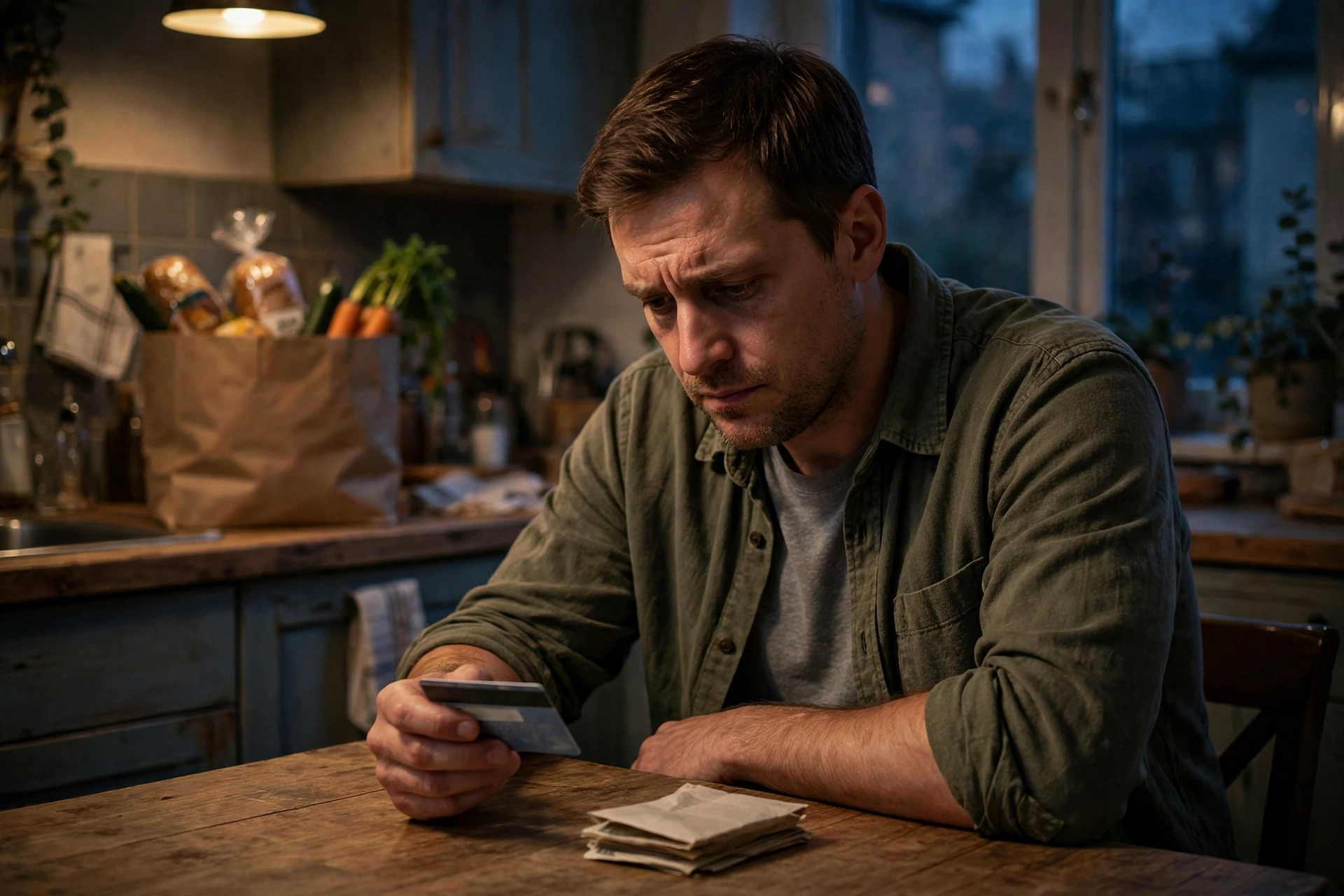 Worried man at a kitchen table at night holding a credit card next to a small stack of bills, grocery bag behind him