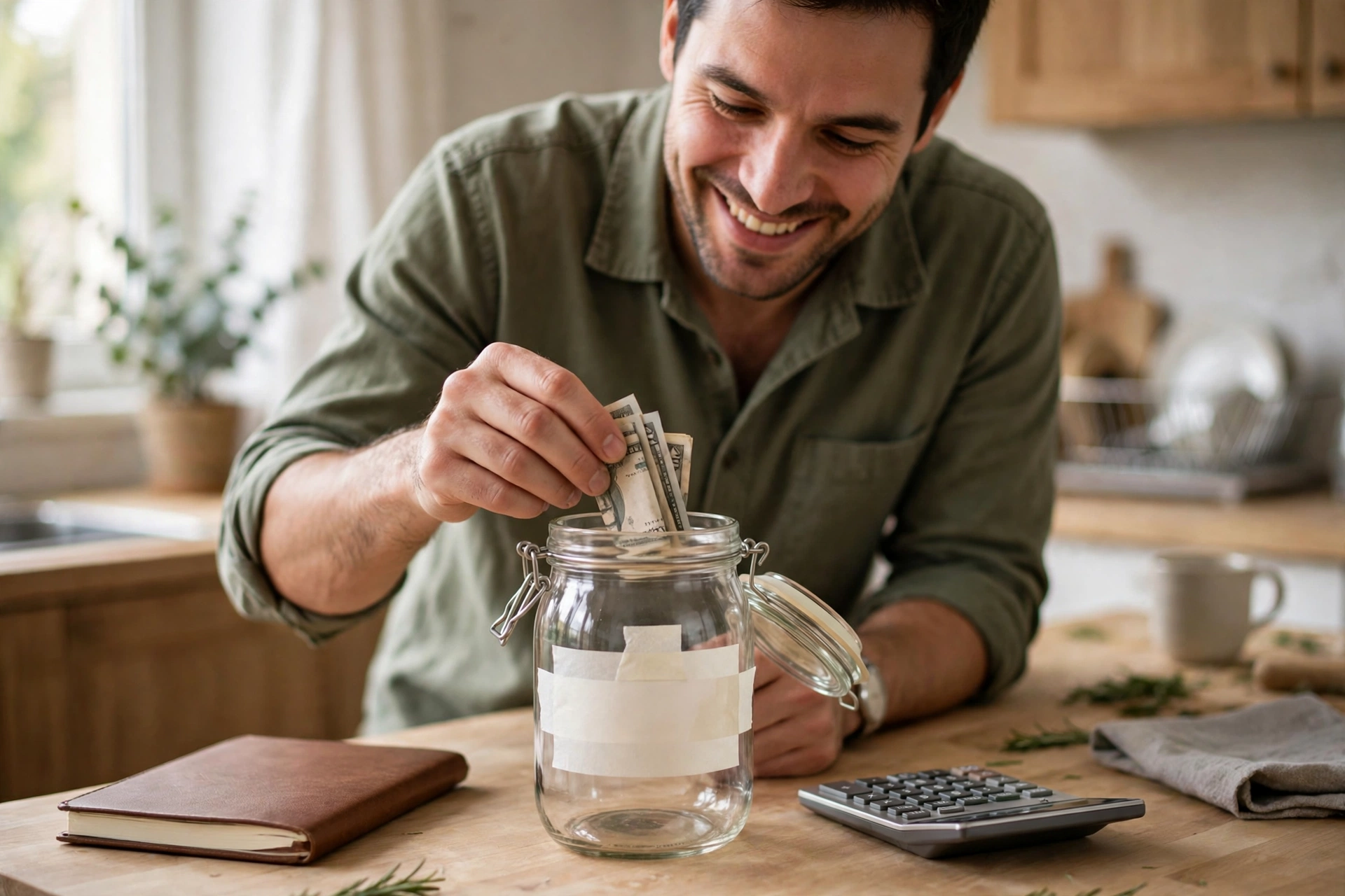 Smiling man putting dollar bills into a glass savings jar on a kitchen counter with a notebook and calculator